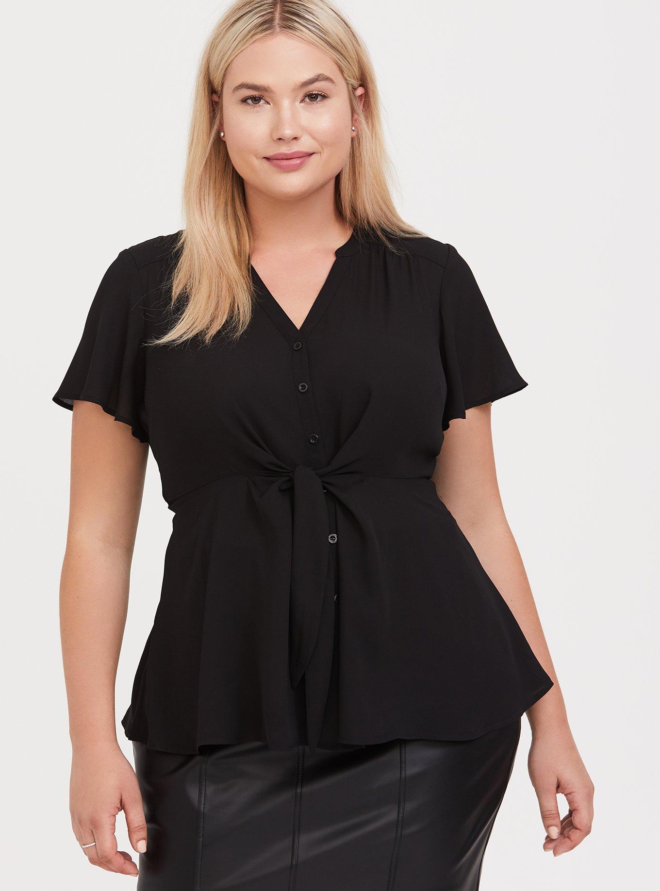 Georgette Tie-Front Flutter Sleeve Blouse, DEEP BLACK, alternate