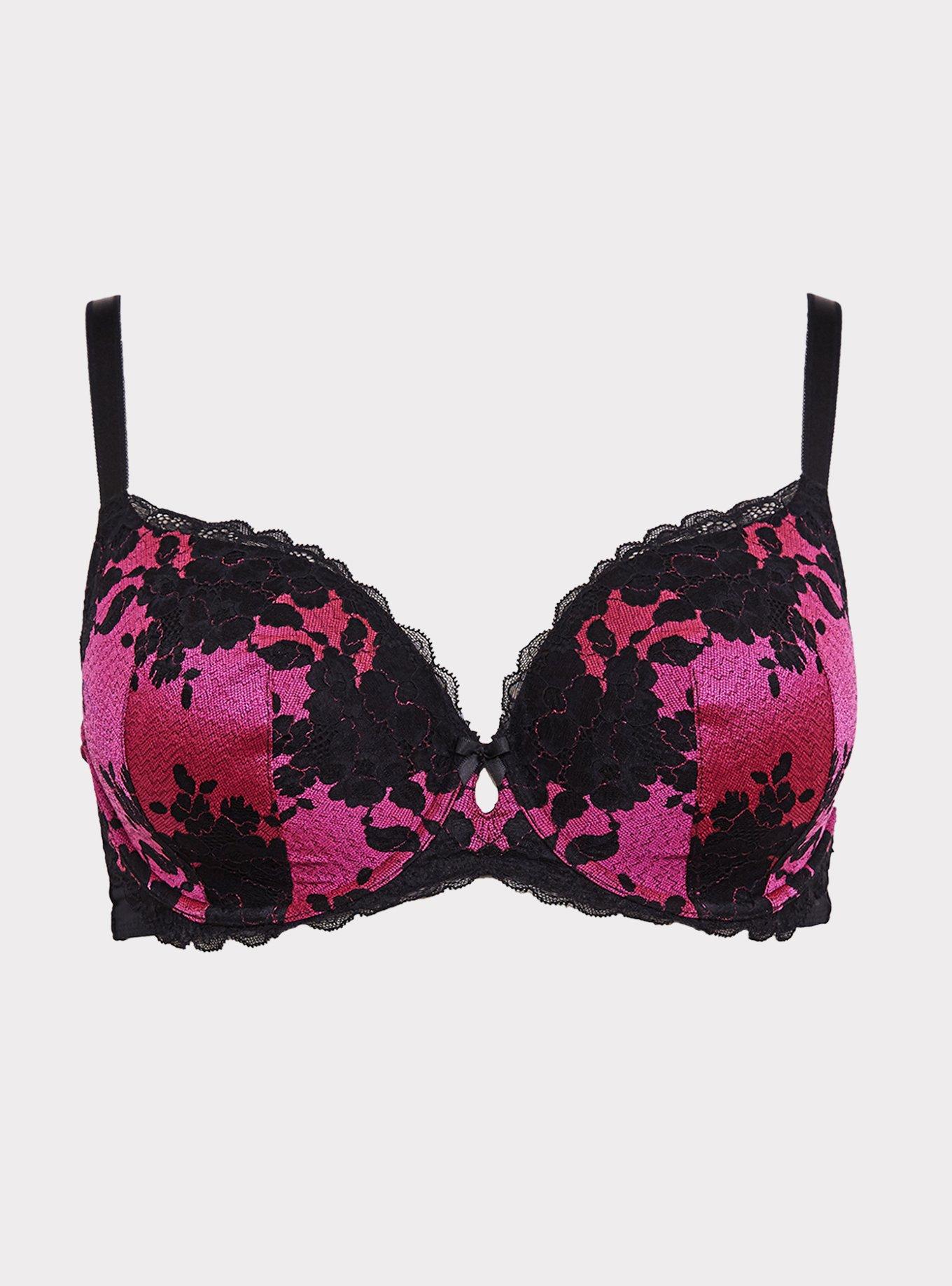 Hot Pink Microfiber & Black Lace T-Shirt Bra, , hi-res