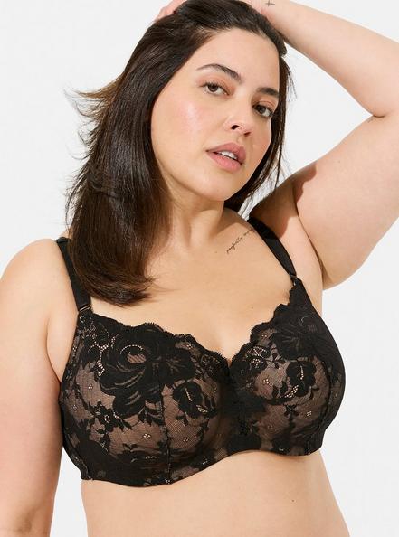 Plus Size Full-Coverage Balconette Lightly Lined Exploded Floral Lace 360° Back Smoothing™ Bra, RICH BLACK ROEBUCK BEIGE, hi-res