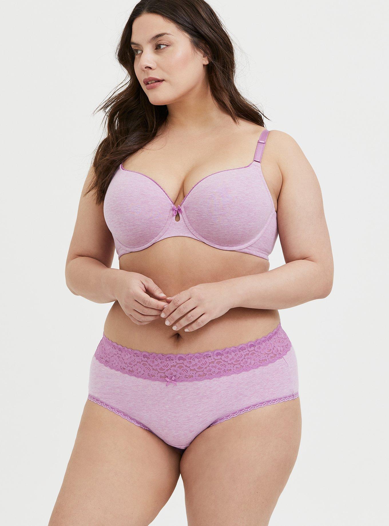 Plus Size Cotton Mid-Rise Cheeky Heather Lace Trim Panty, LAVENDER, alternate