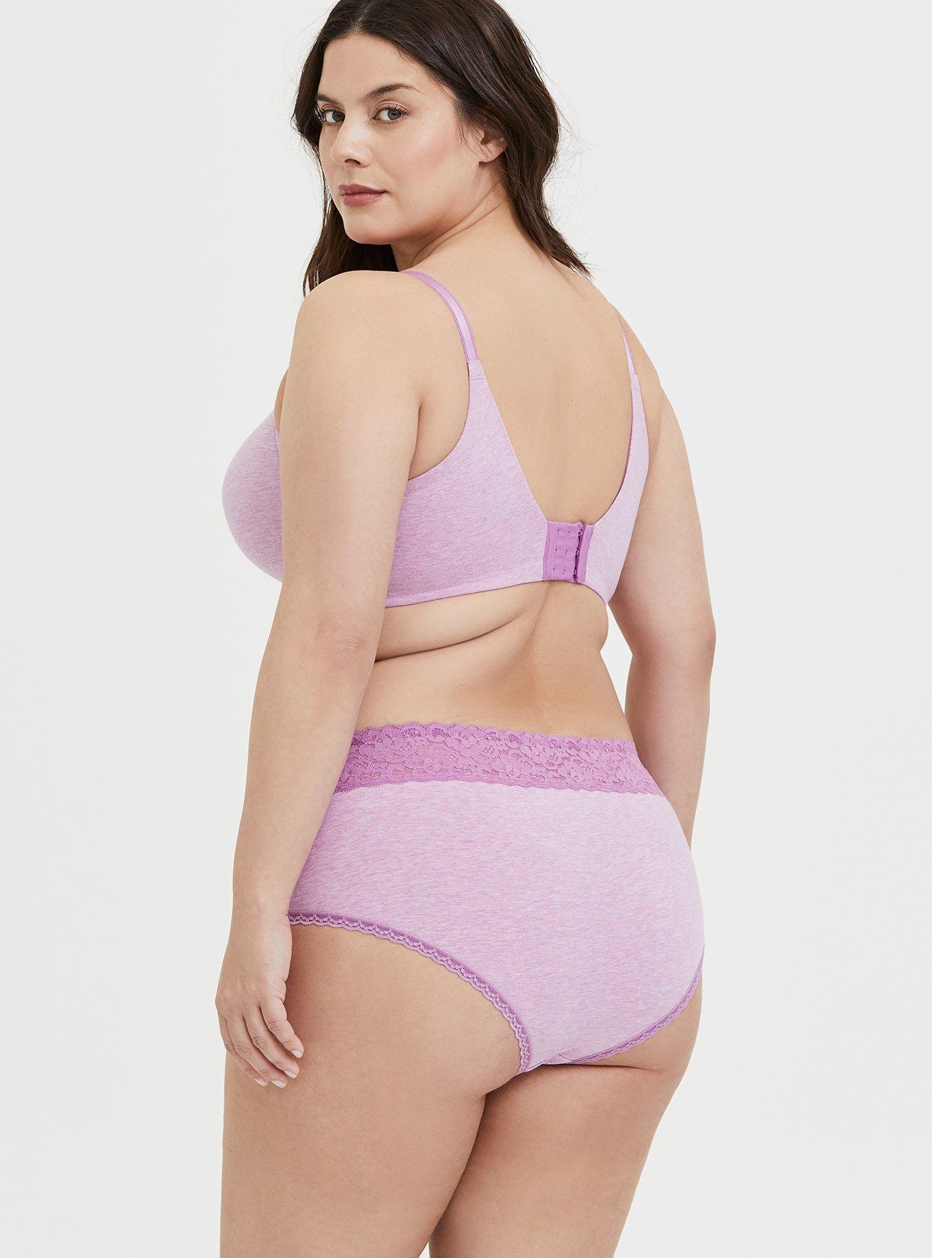 Plus Size Cotton Mid-Rise Cheeky Heather Lace Trim Panty, LAVENDER, alternate