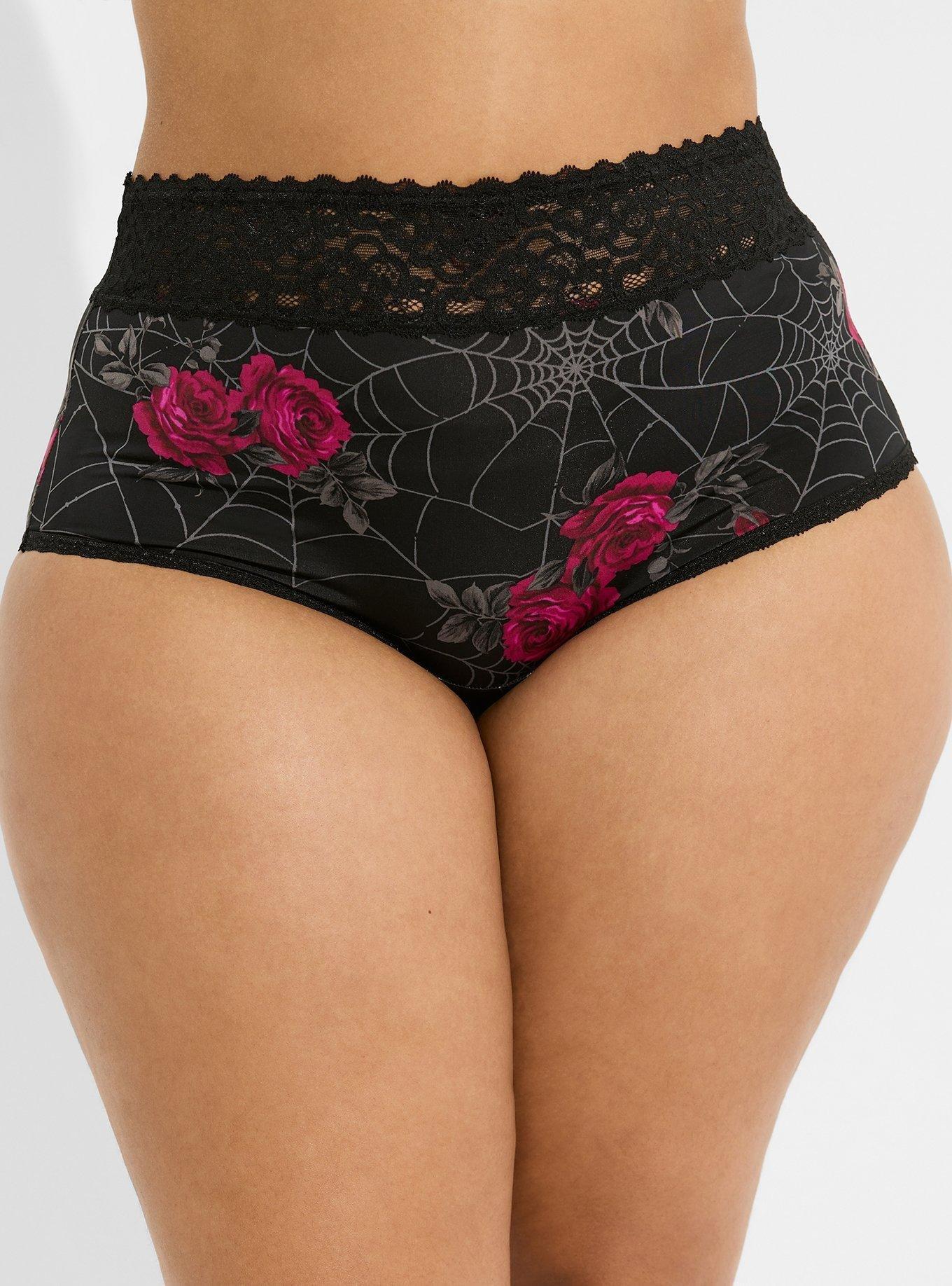 Shine Microfiber Wide Lace Brief Panty, ROSEY WEBS FLORAL RICH BLACK, alternate