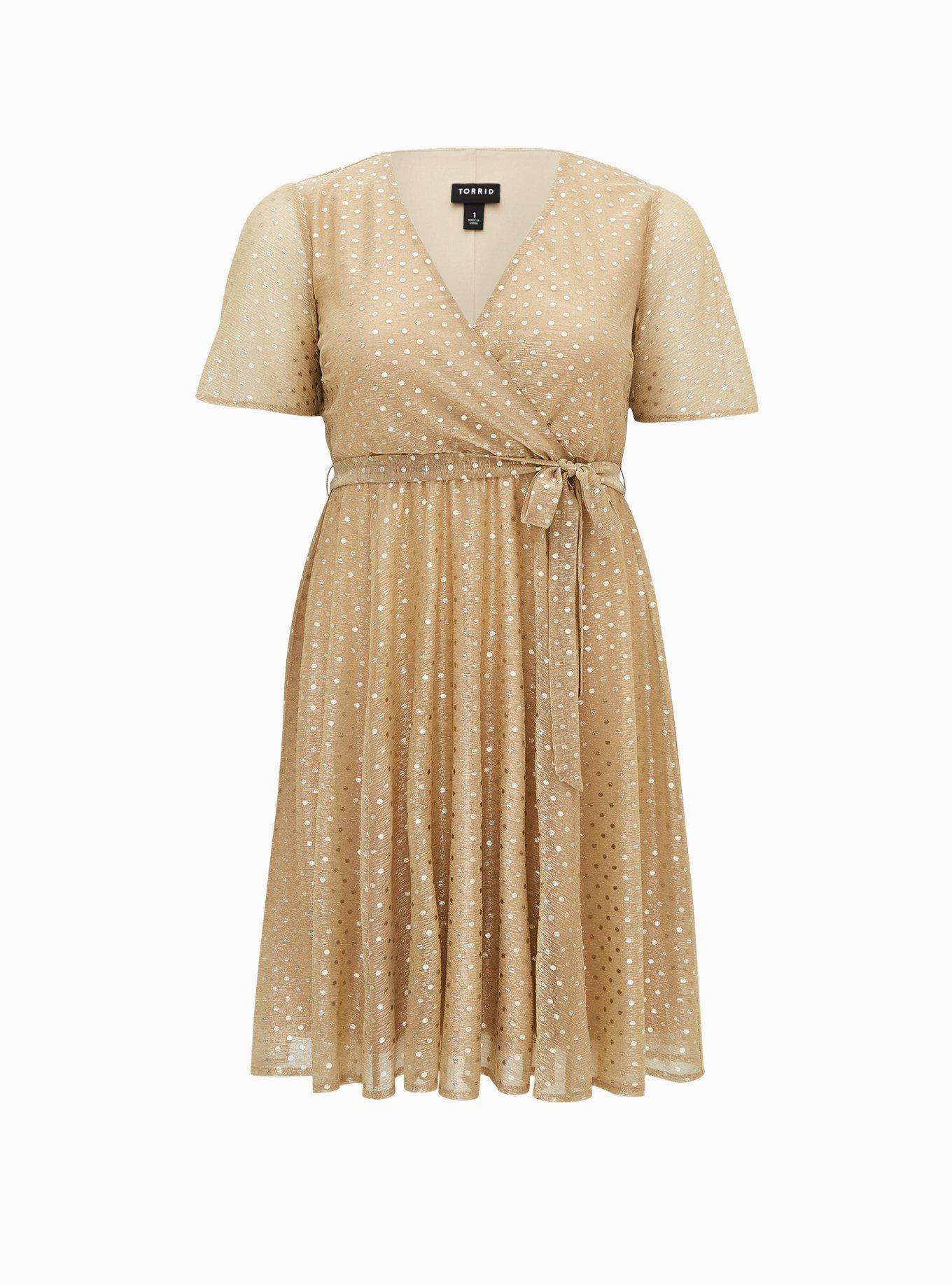 Plus Size - Gold Metallic Polka Dot Mesh Wrap Dress - Torrid