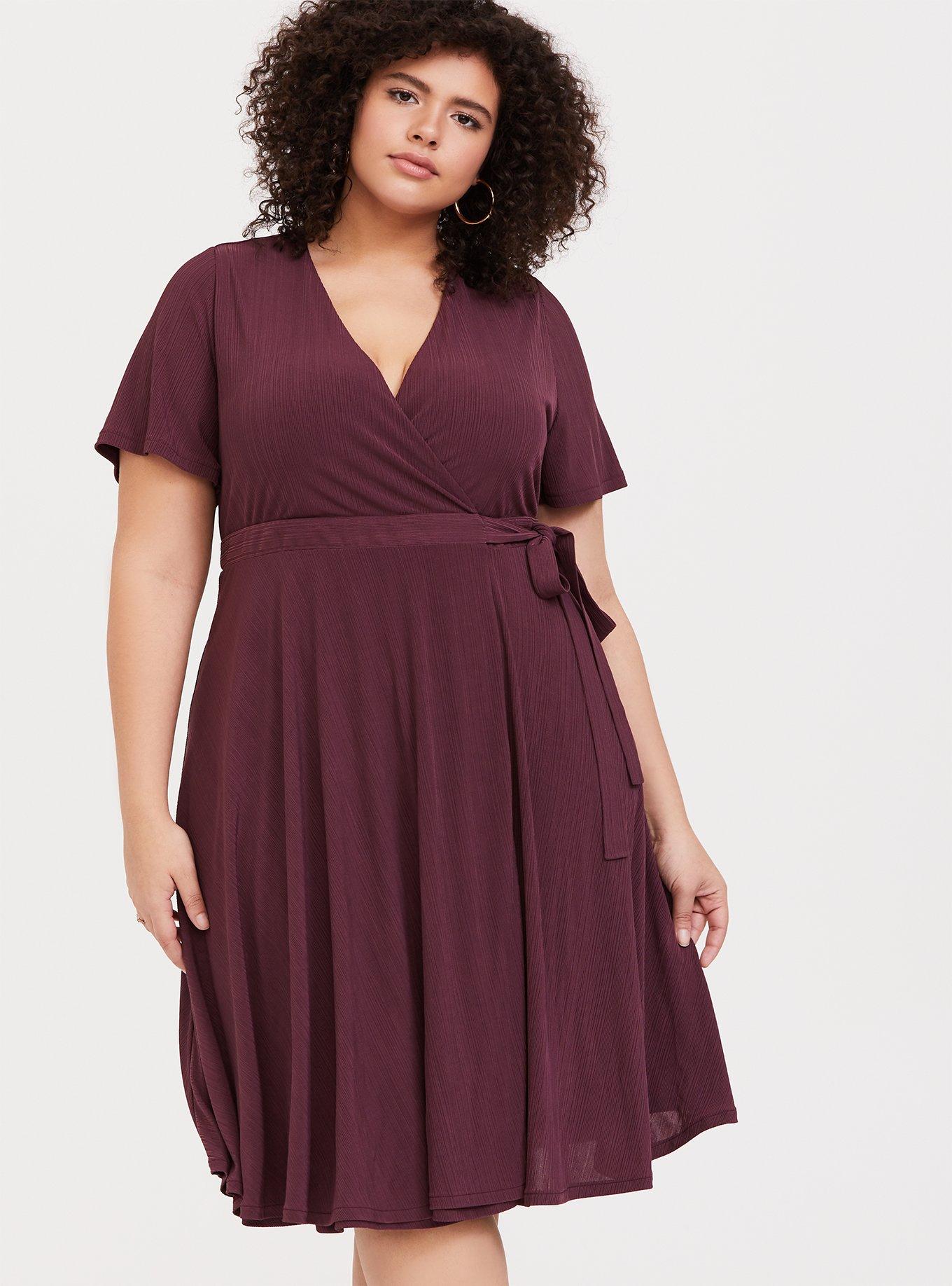 Dark Purple Textured Wrap Dress, EGGPLANT, alternate