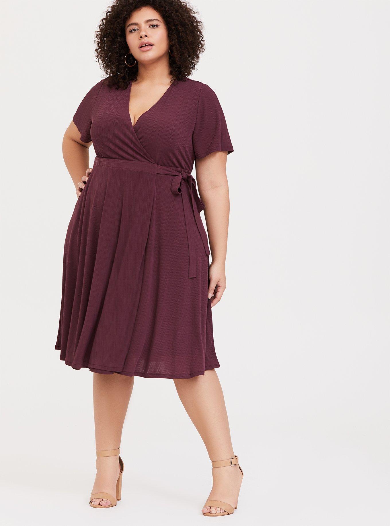Dark Purple Textured Wrap Dress, EGGPLANT, alternate