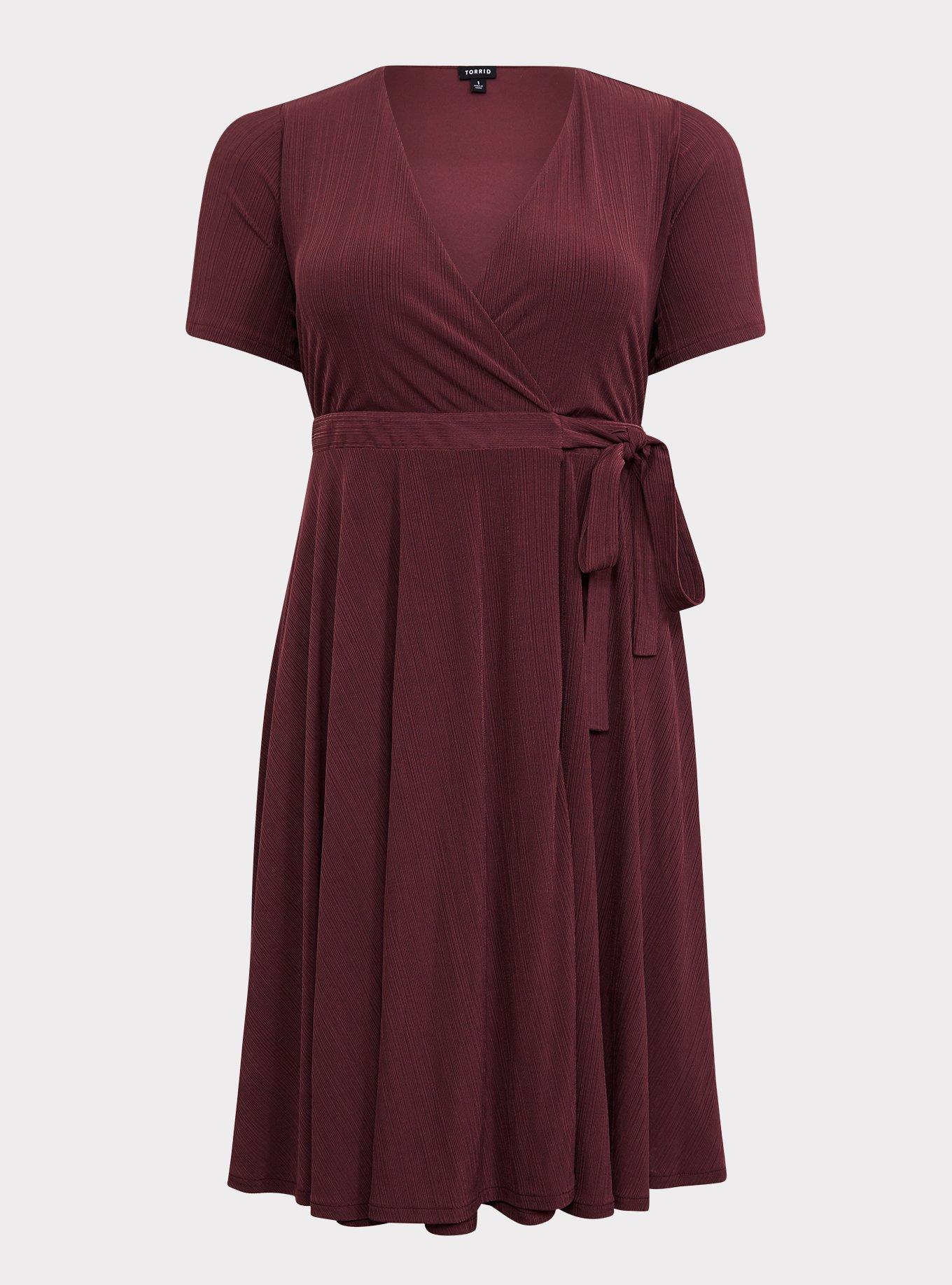 Dark Purple Textured Wrap Dress, EGGPLANT, hi-res