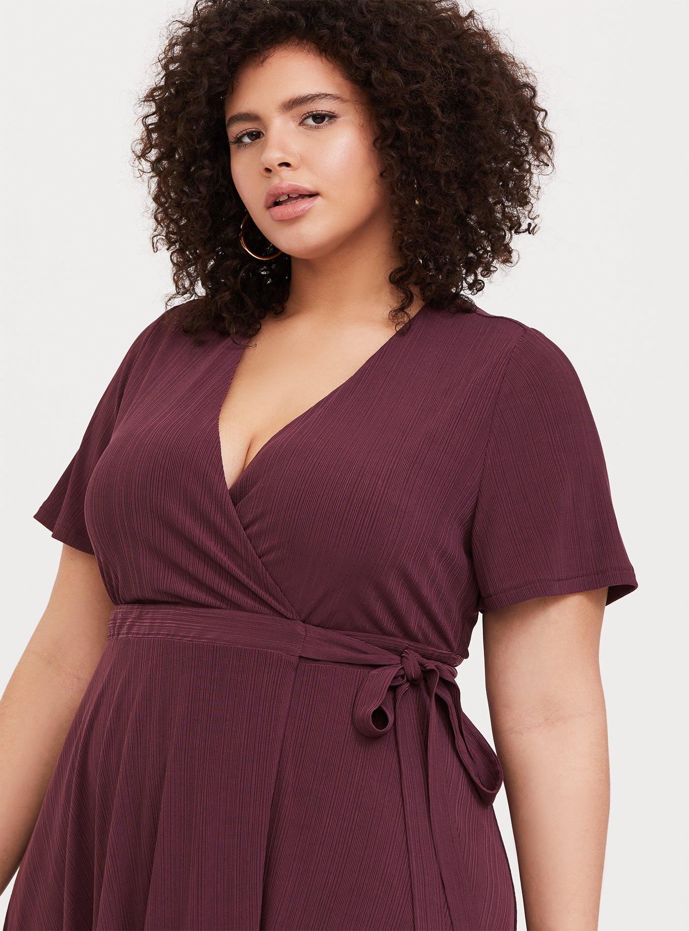 Dark Purple Textured Wrap Dress, EGGPLANT, hi-res