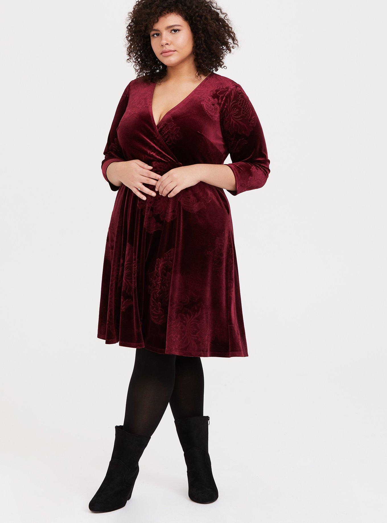 Plus Size Burgundy Red Velvet Floral Surplice Wrap Dress Torrid