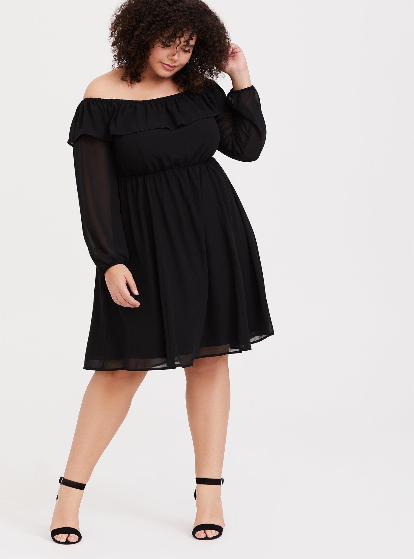 Plus Size Mini Chiffon Off-Shoulder Skater Dress, DEEP BLACK, alternate