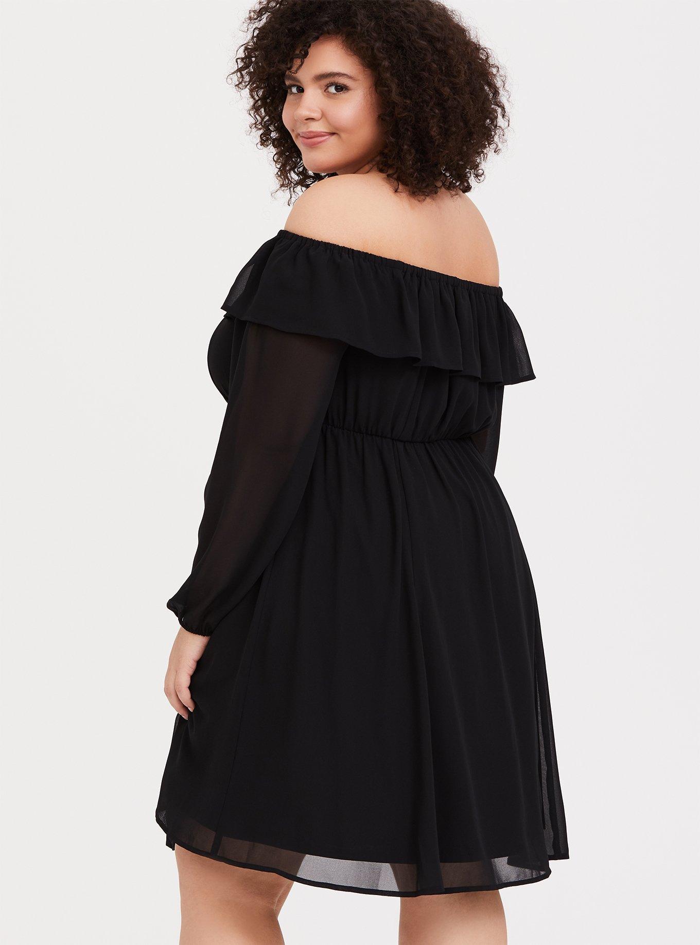 Plus Size Mini Chiffon Off-Shoulder Skater Dress, DEEP BLACK, alternate