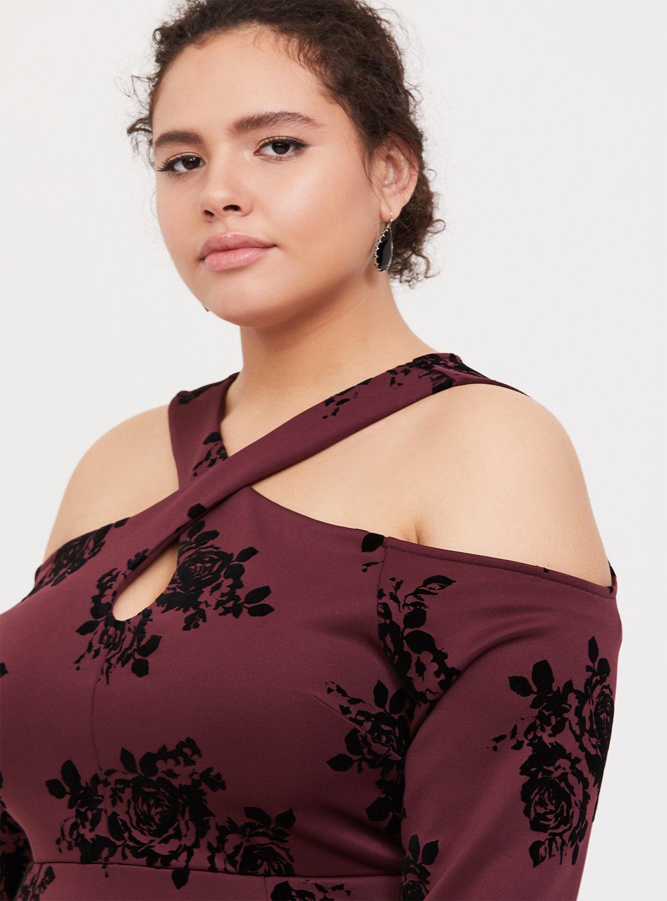Burgundy Purple Flocked Scuba Knit Halter Skater Dress, FLORAL PRINT, alternate
