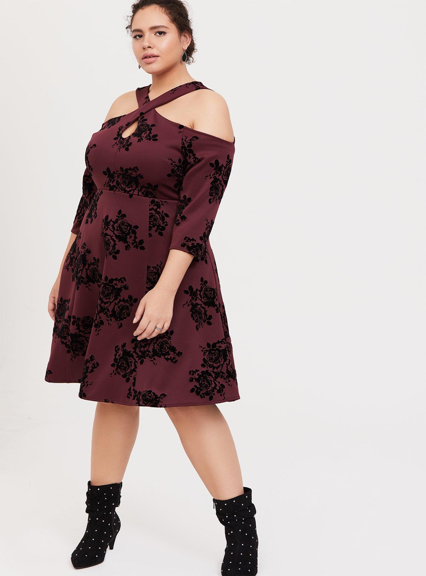 Burgundy Purple Flocked Scuba Knit Halter Skater Dress, FLORAL PRINT, alternate
