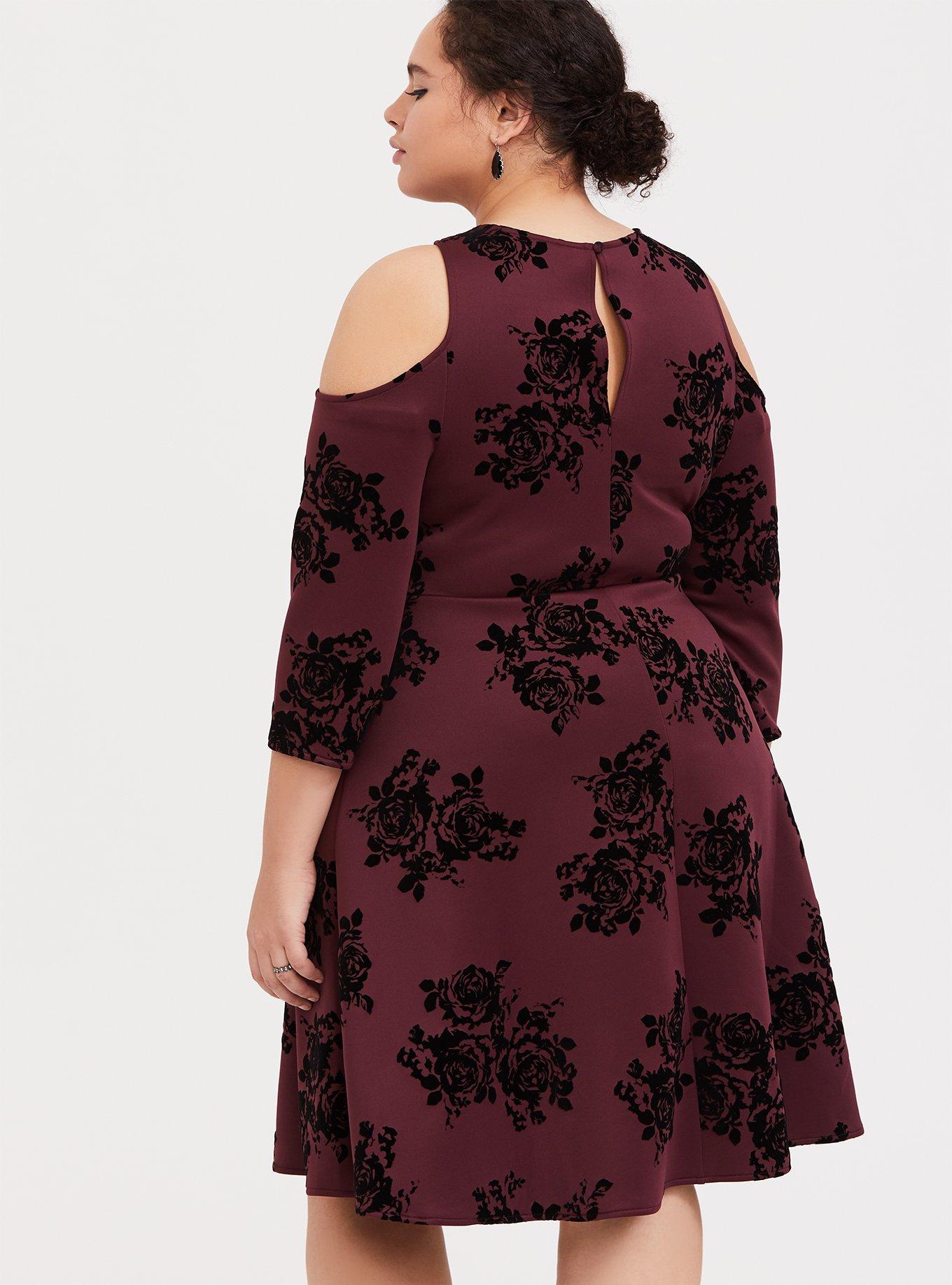Burgundy Purple Flocked Scuba Knit Halter Skater Dress, FLORAL PRINT, alternate