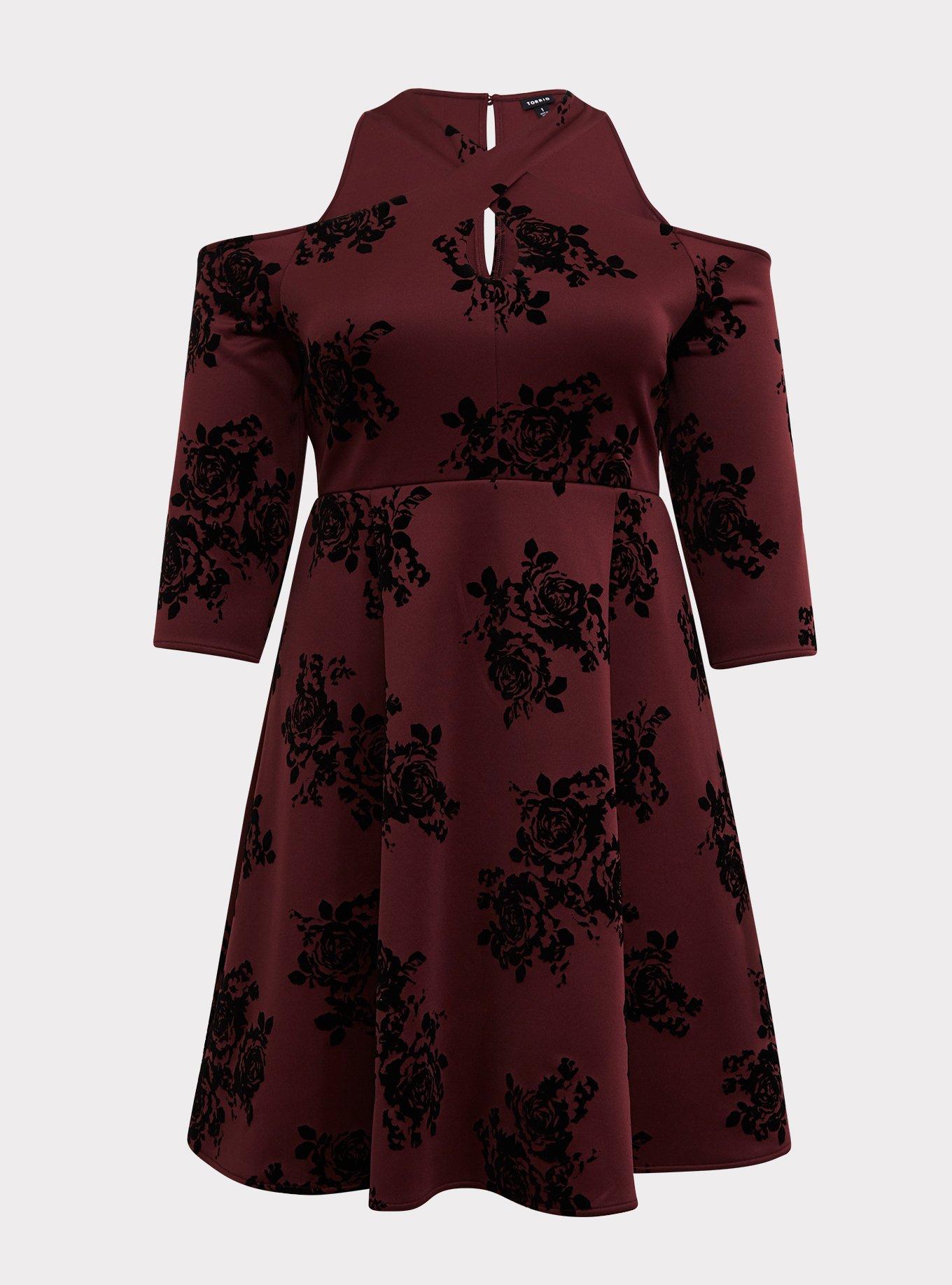 Burgundy Purple Flocked Scuba Knit Halter Skater Dress, , hi-res