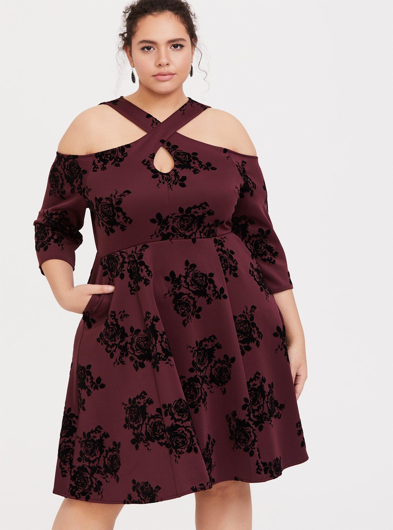 Burgundy Purple Flocked Scuba Knit Halter Skater Dress, , hi-res