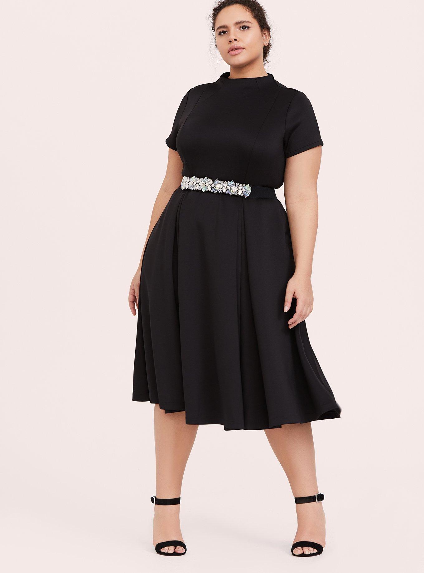 Black Scuba Knit Mock Neck Midi Dress, DEEP BLACK, hi-res