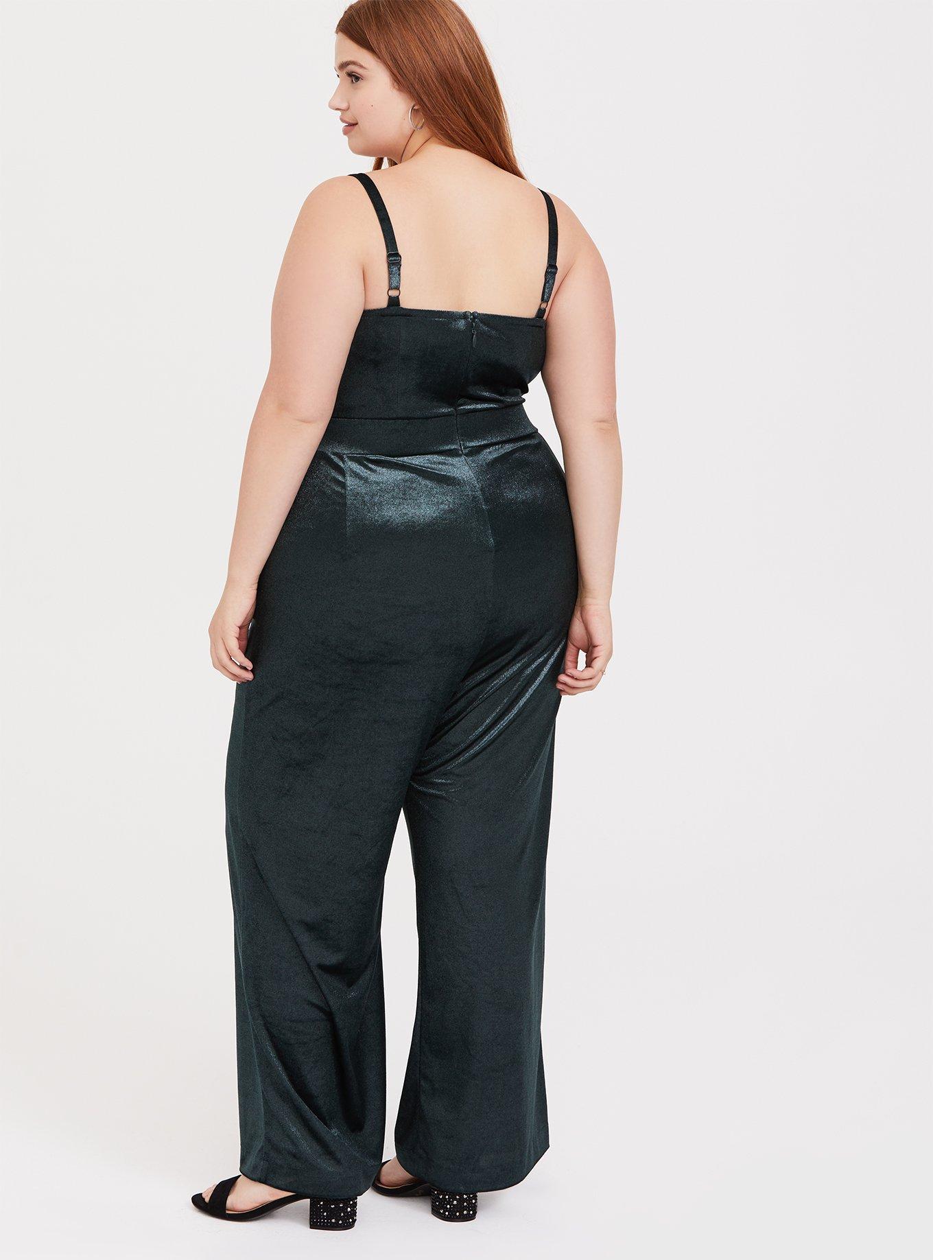 Plus Size - Green Velvet Wide Leg Jumpsuit - Torrid