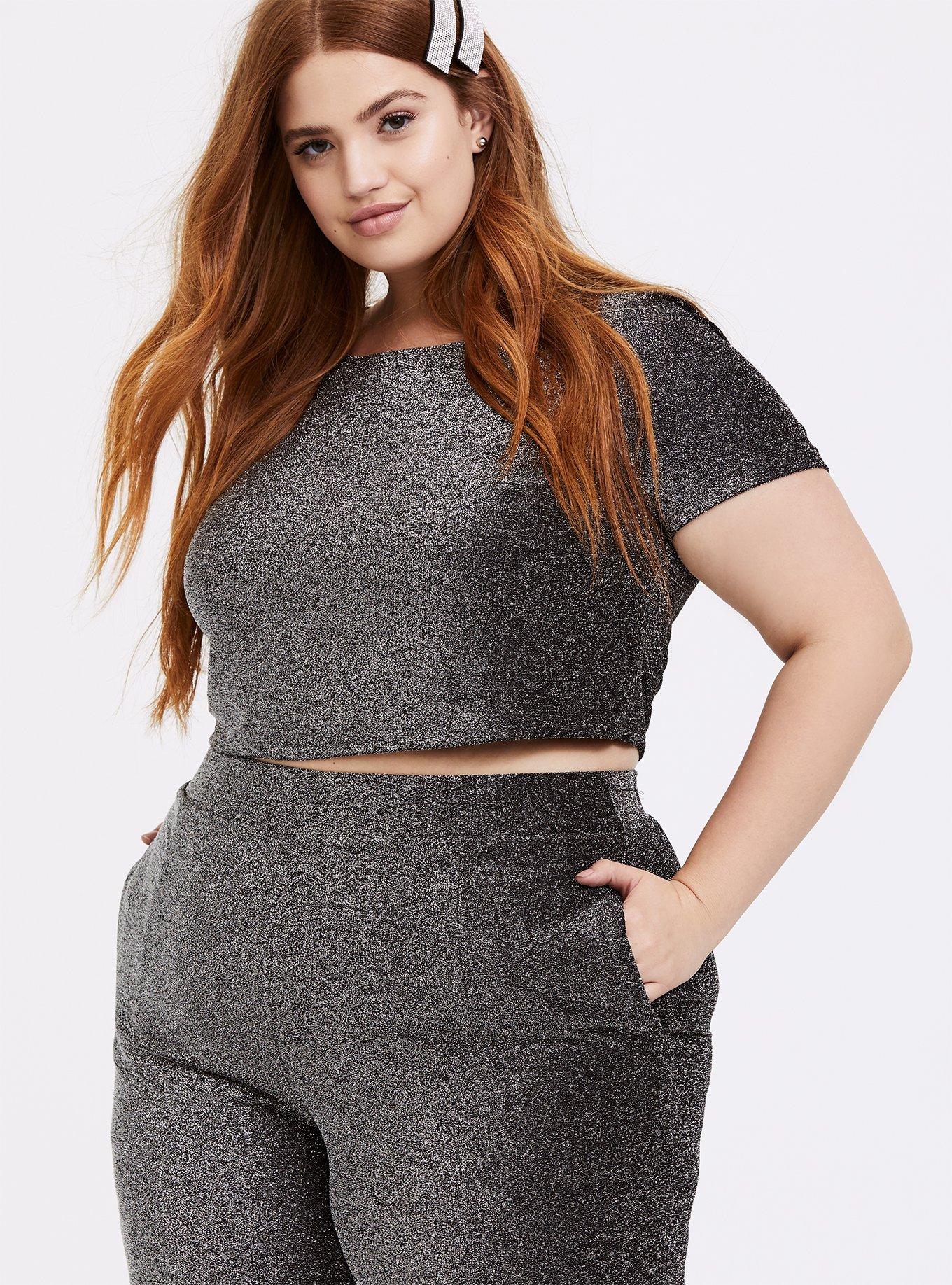 Plus Size - Black & Silver Glitter Crop Top & Wide Leg Pant Set - Torrid