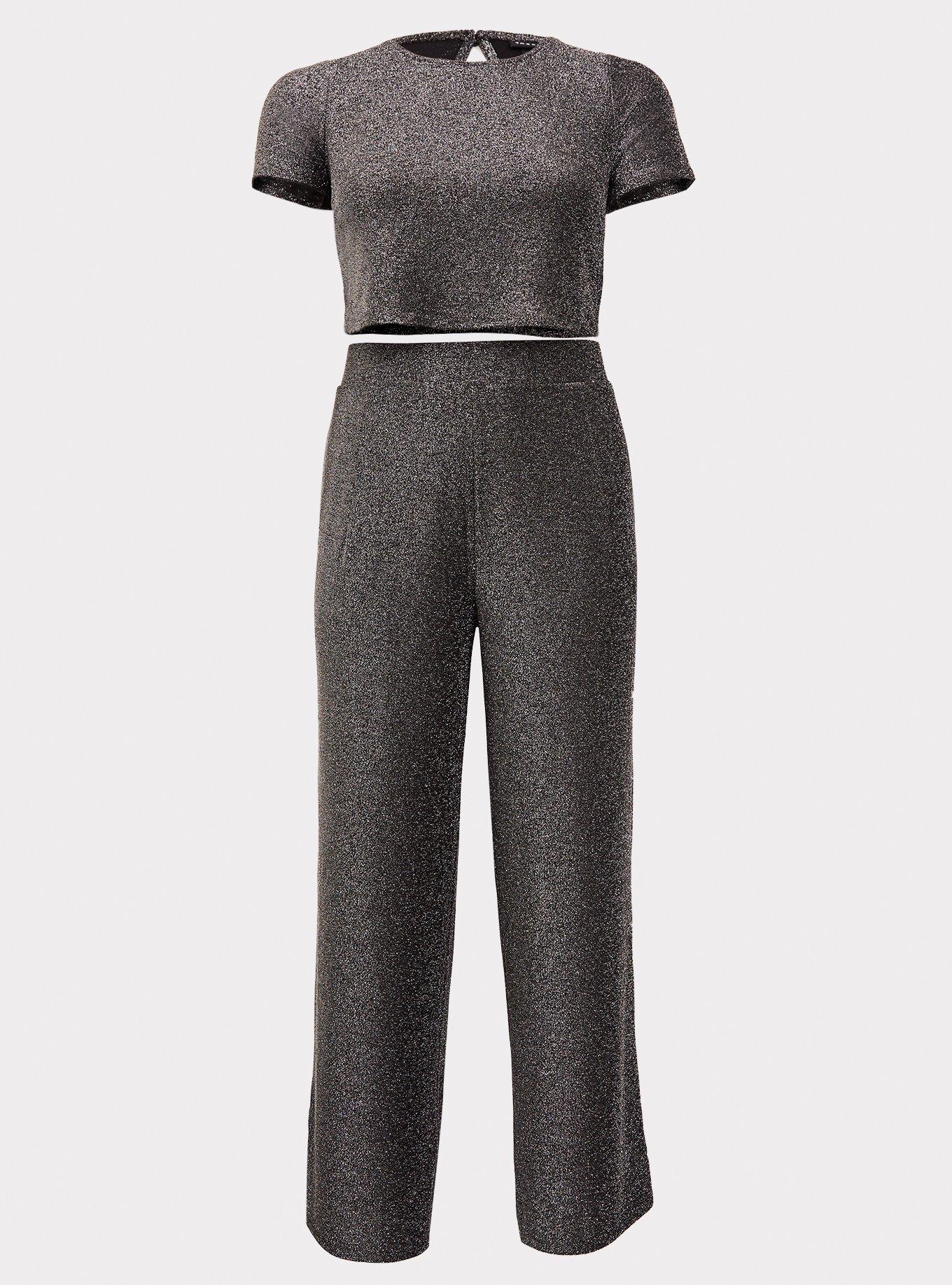 Plus Size Black & Silver Glitter Crop Top & Wide Leg Pant Set, , hi-res