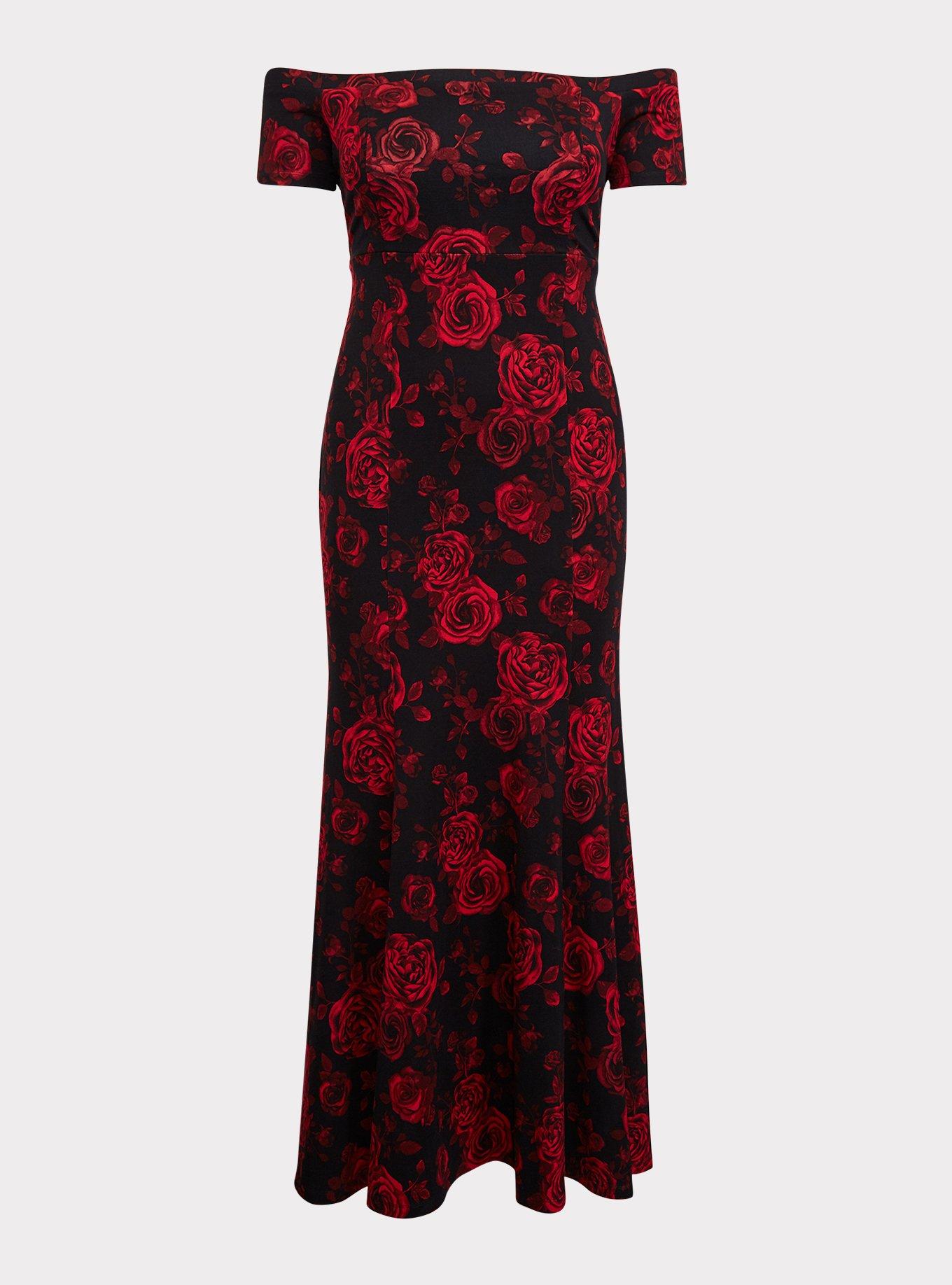 Plus Size - Special Occasion Black & Red Floral Ponte Off Shoulder Gown -  Torrid