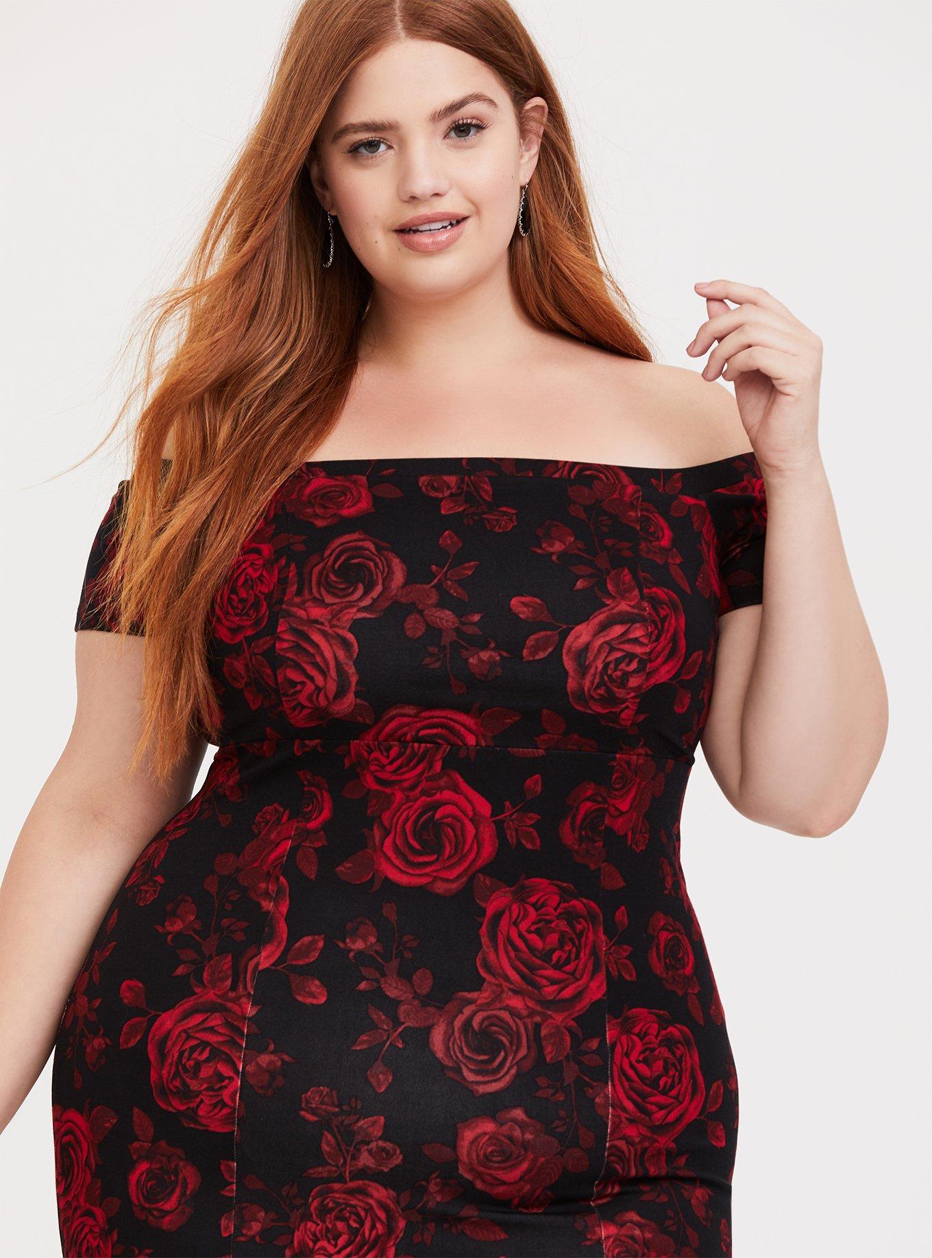 Plus Size - Special Occasion Black & Red Floral Ponte Off Shoulder