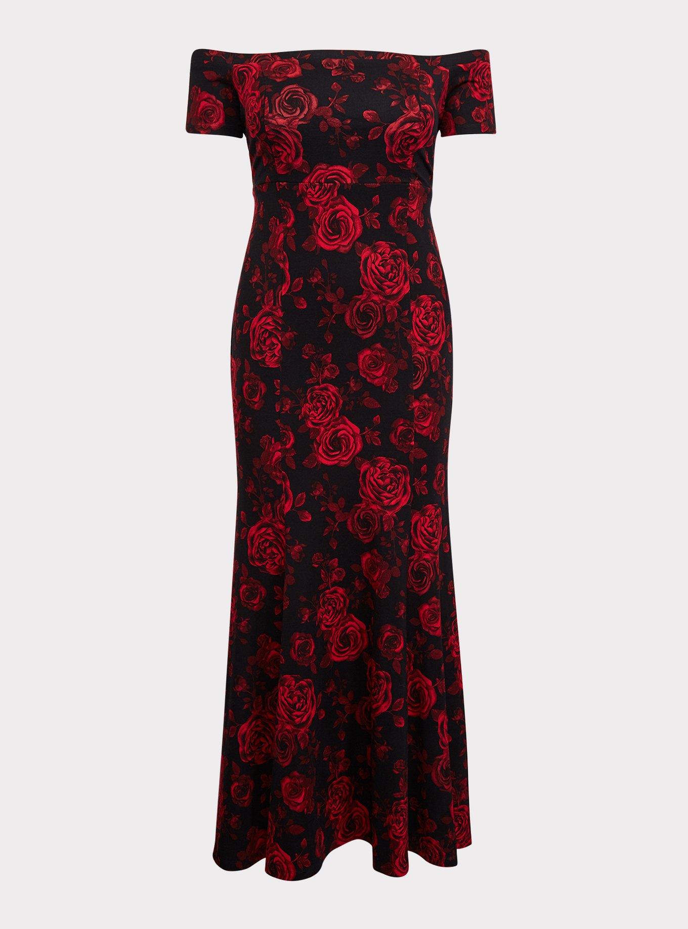 Special Occasion Black & Red Floral Ponte Off Shoulder Gown, , hi-res