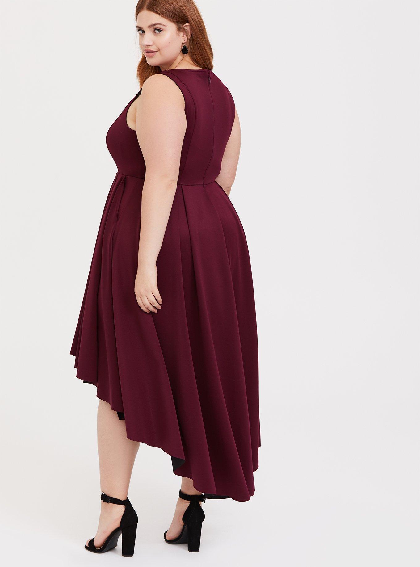 Plus Size Special Occasion Burgundy Red Scuba Knit Hi-Lo Gown, NONEC, alternate