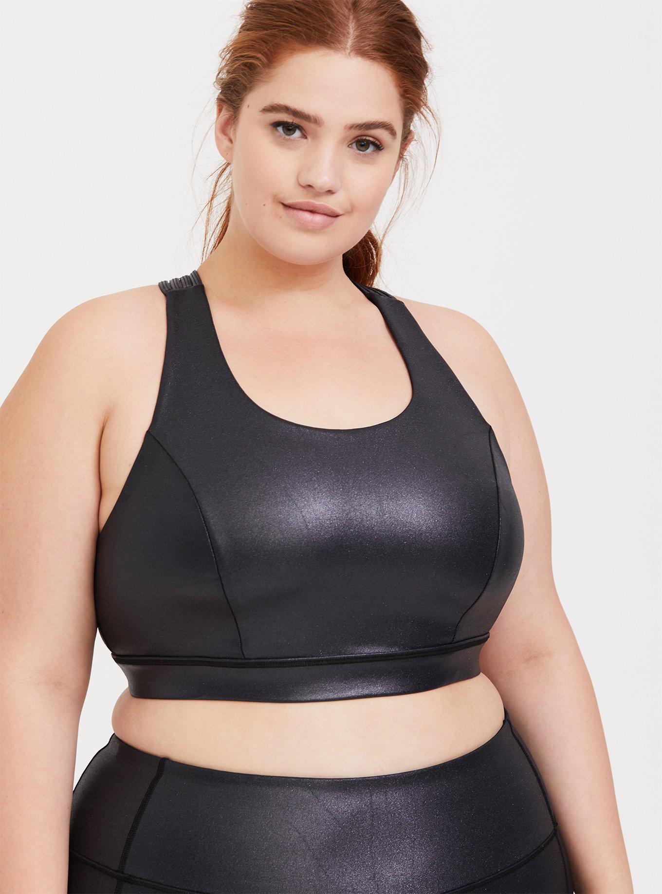 Plus Size Black Sparkle Coated Lattice Back Wicking Sports Bra, DEEP BLACK, alternate