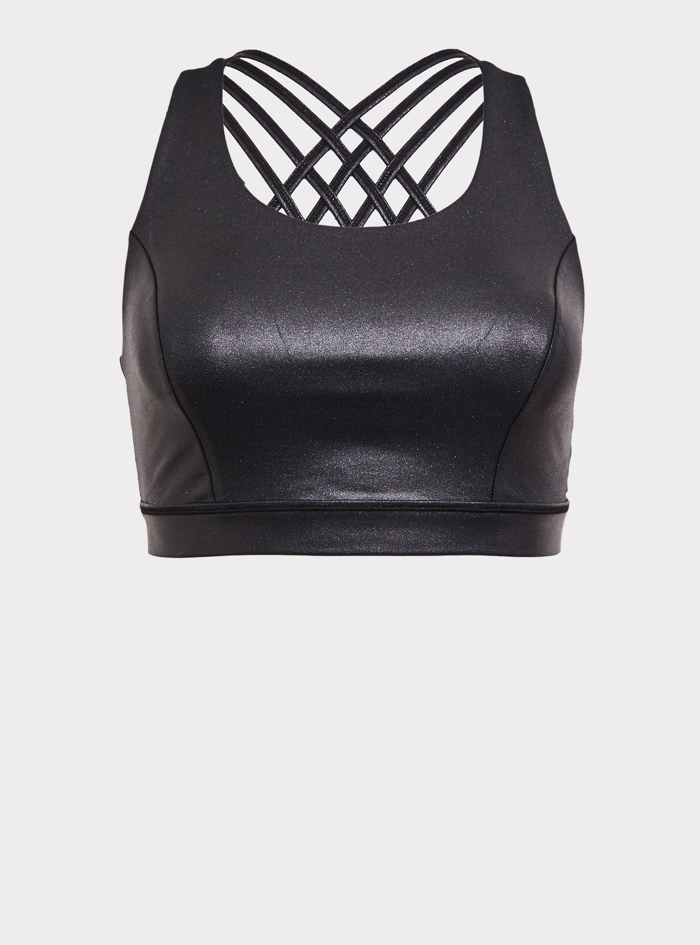 Plus Size Black Sparkle Coated Lattice Back Wicking Sports Bra, DEEP BLACK, hi-res