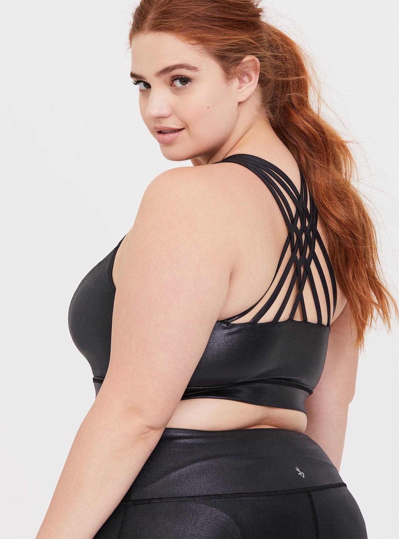 Plus Size Black Sparkle Coated Lattice Back Wicking Sports Bra, DEEP BLACK, hi-res
