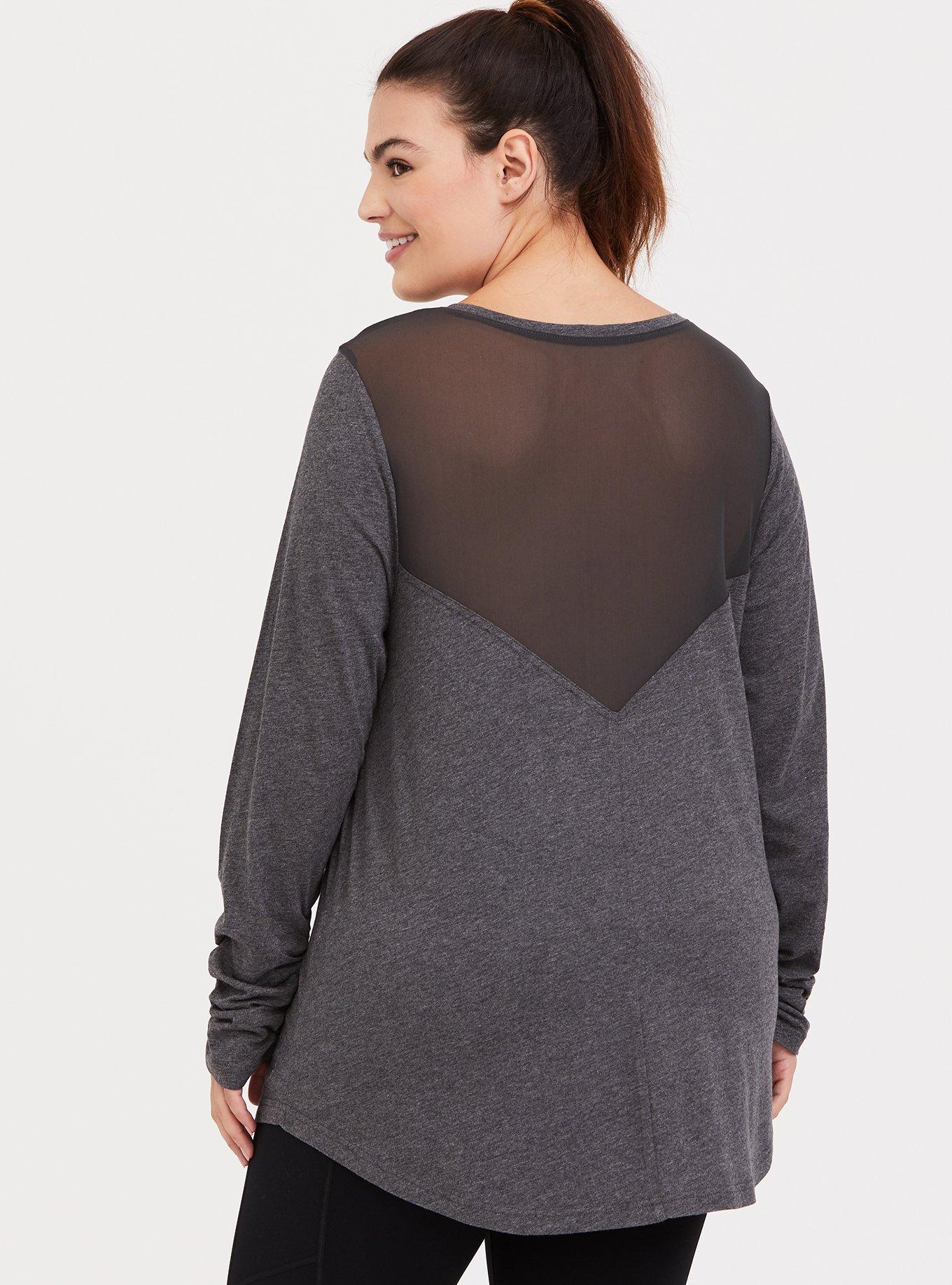Plus Size Knit Mesh Back Insert Long Sleeve Active Tee, CHARCOAL, hi-res