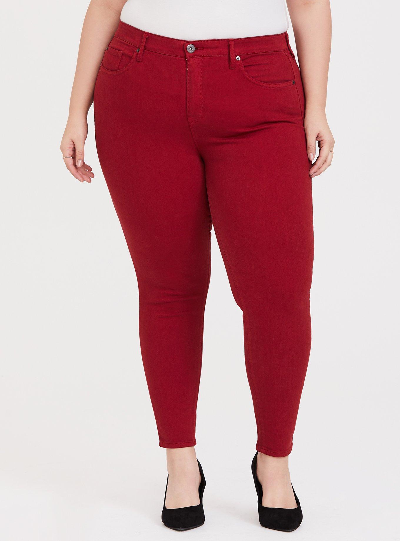 Red High Waisted Stretch Jeggings With Thick Waist Band, Jeggings