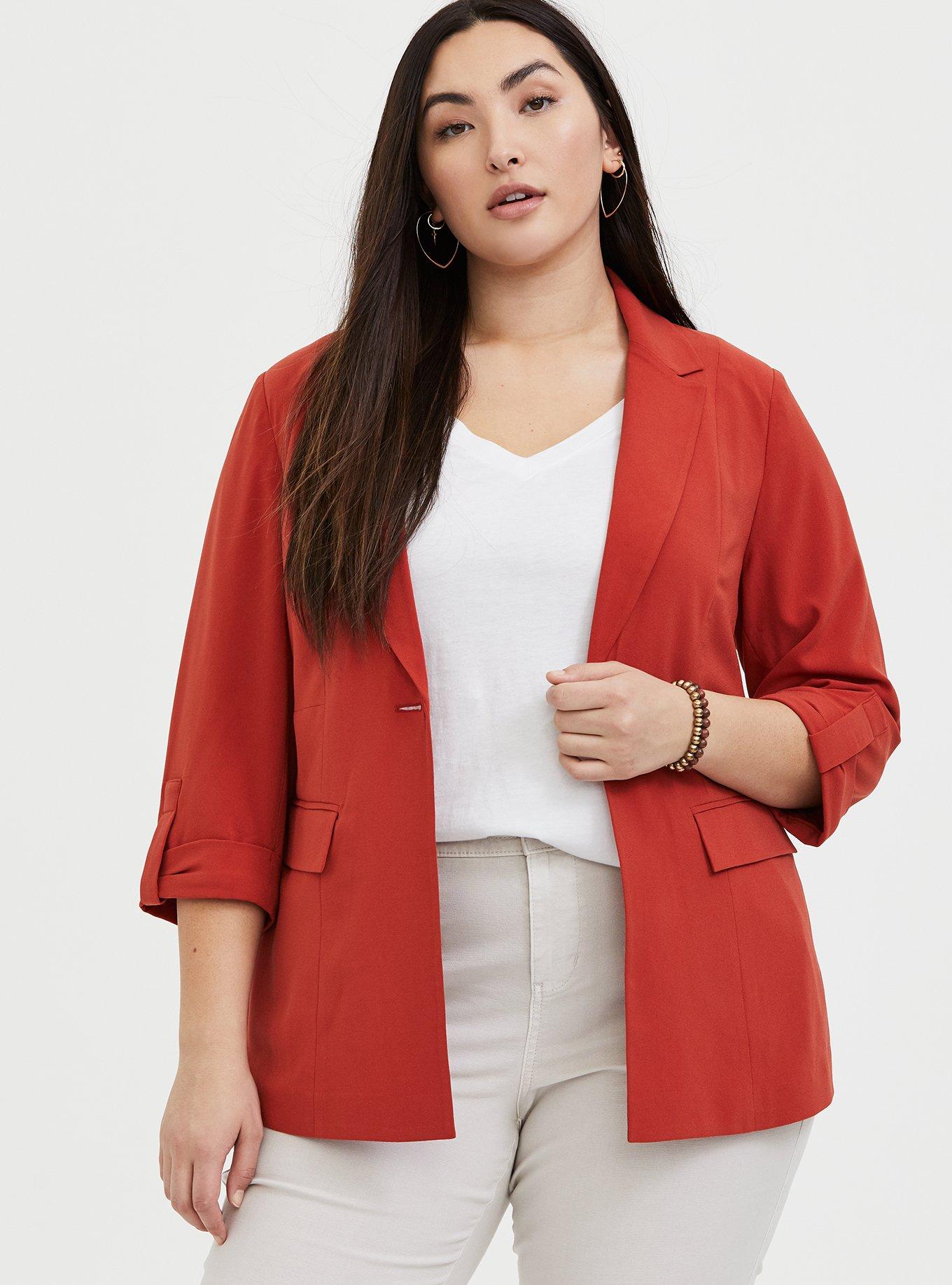 Plus Size Studio Crepe Long Line Blazer, RED, hi-res