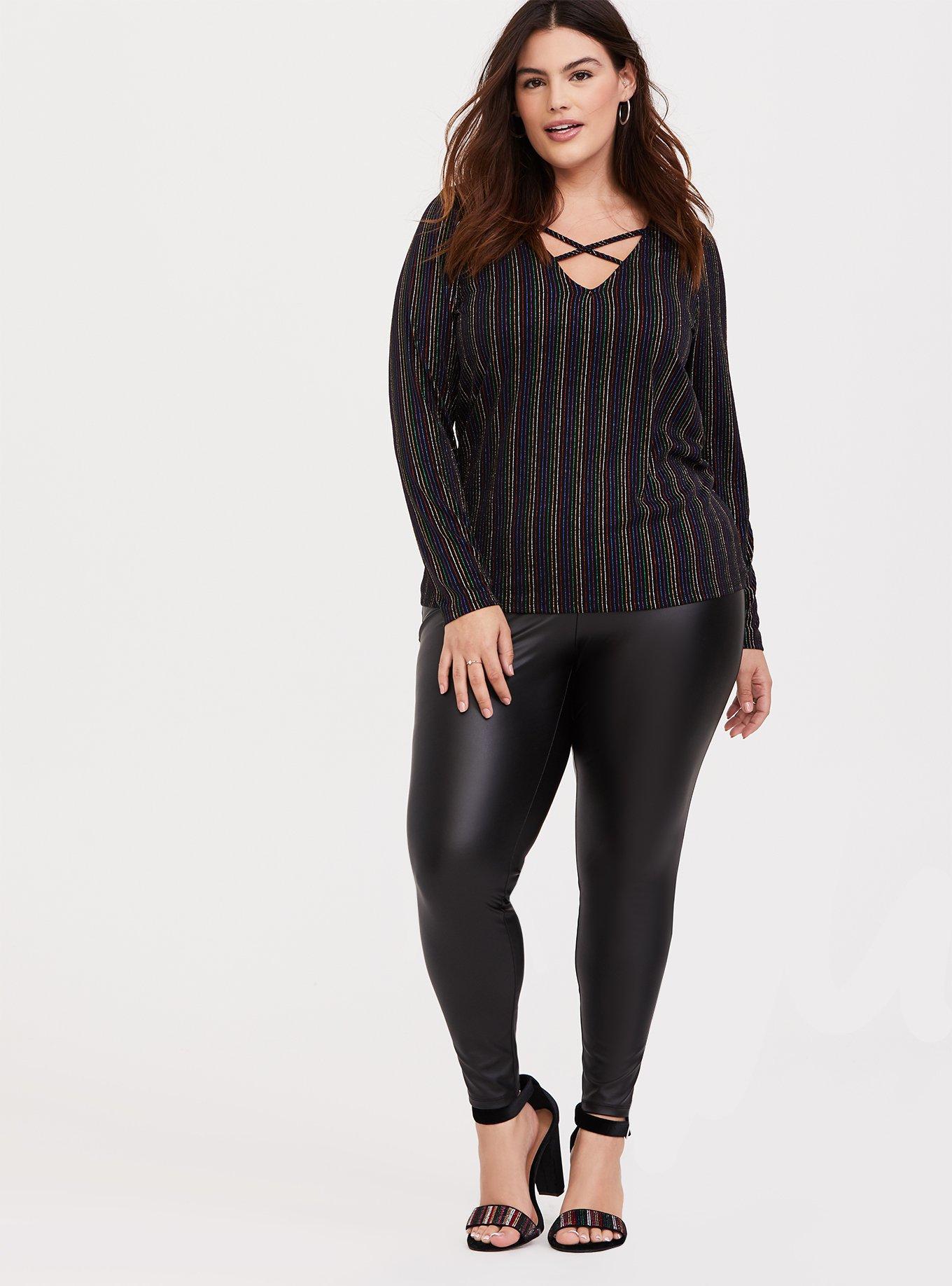 Black & Rainbow Stripe Rib Crisscross Long Sleeve Tee, RAINBOW, alternate