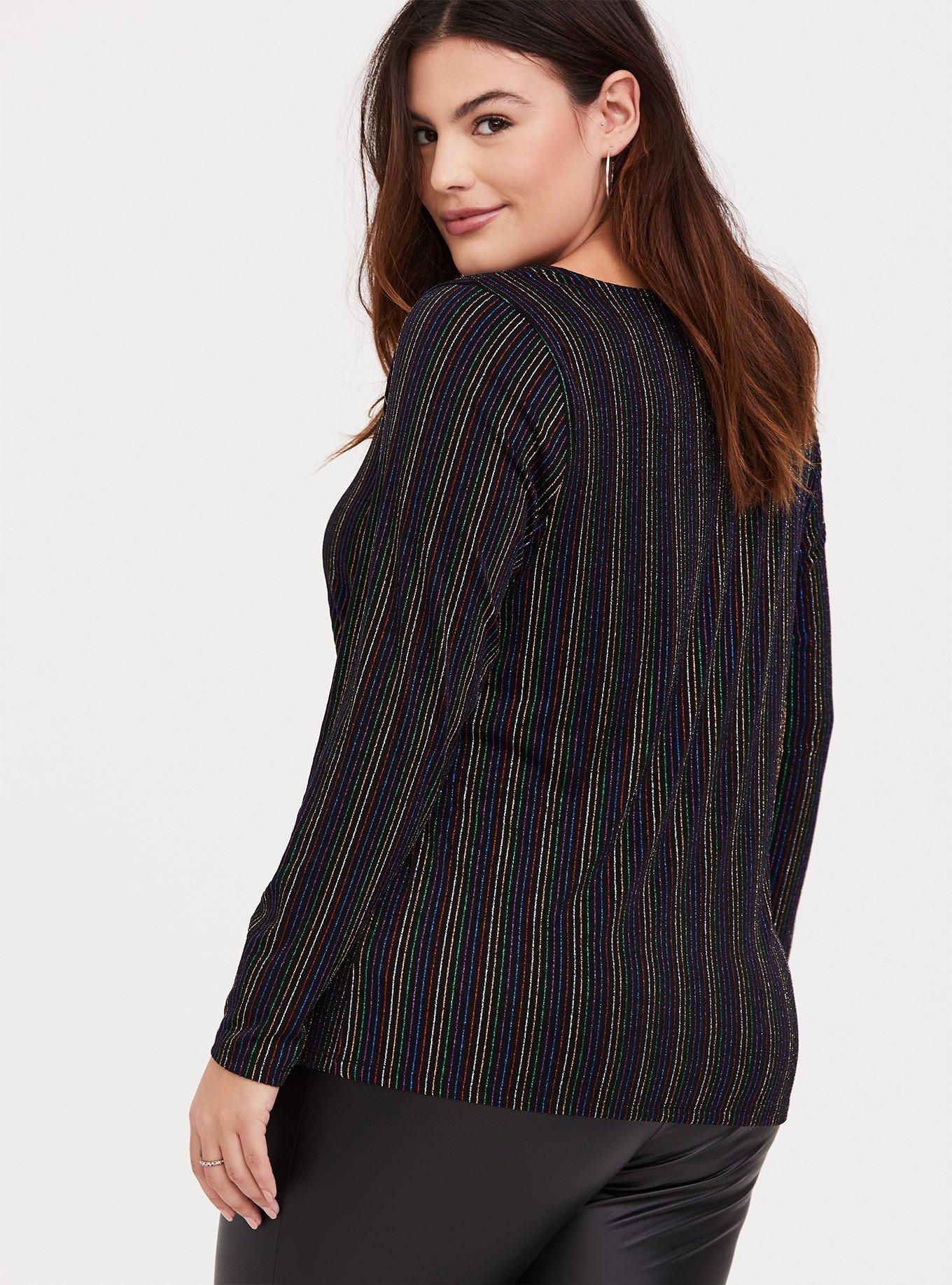 Black & Rainbow Stripe Rib Crisscross Long Sleeve Tee, RAINBOW, alternate