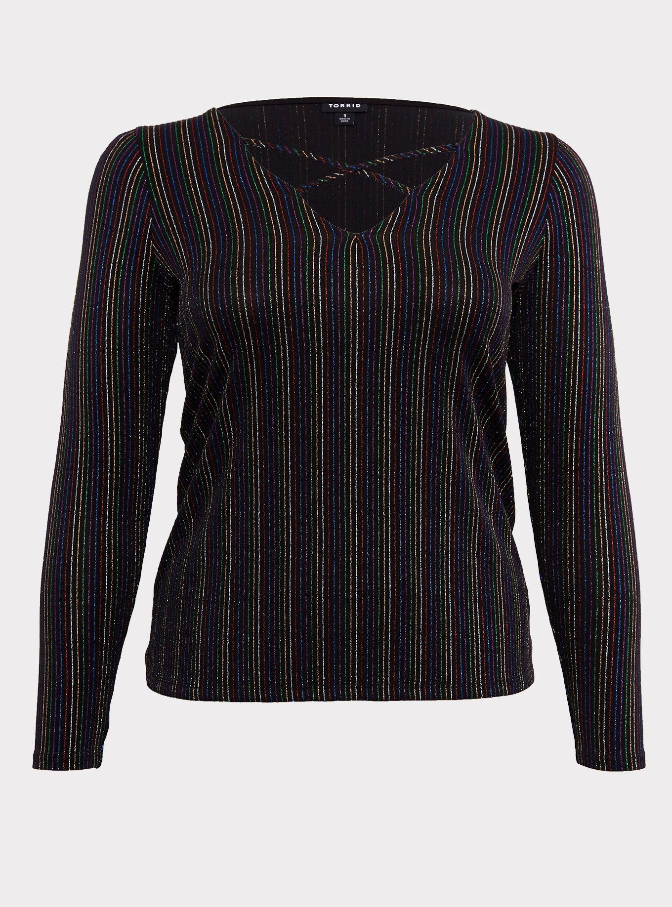 Black & Rainbow Stripe Rib Crisscross Long Sleeve Tee, RAINBOW, hi-res