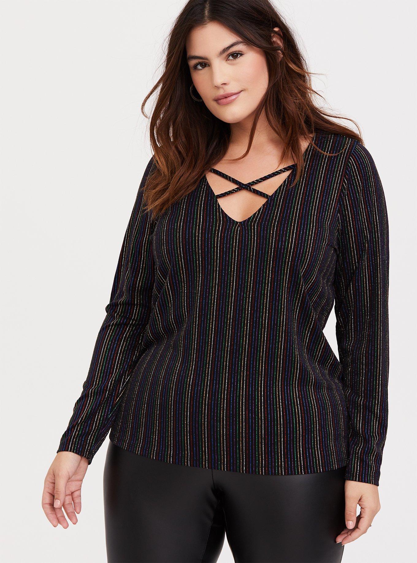 Black & Rainbow Stripe Rib Crisscross Long Sleeve Tee, RAINBOW, hi-res