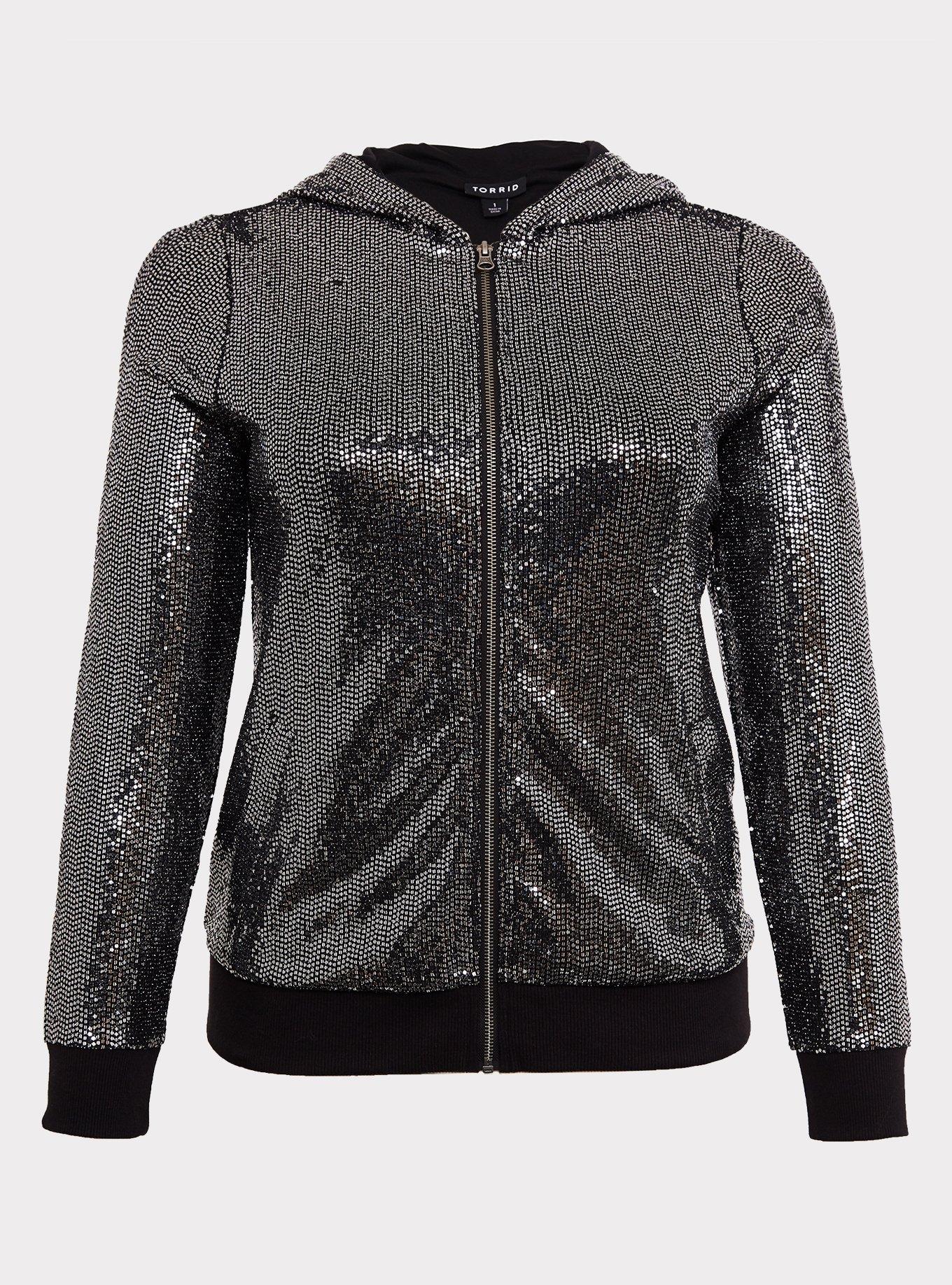 Plus Size - Black & Silver Sequin Zip Hoodie - Torrid