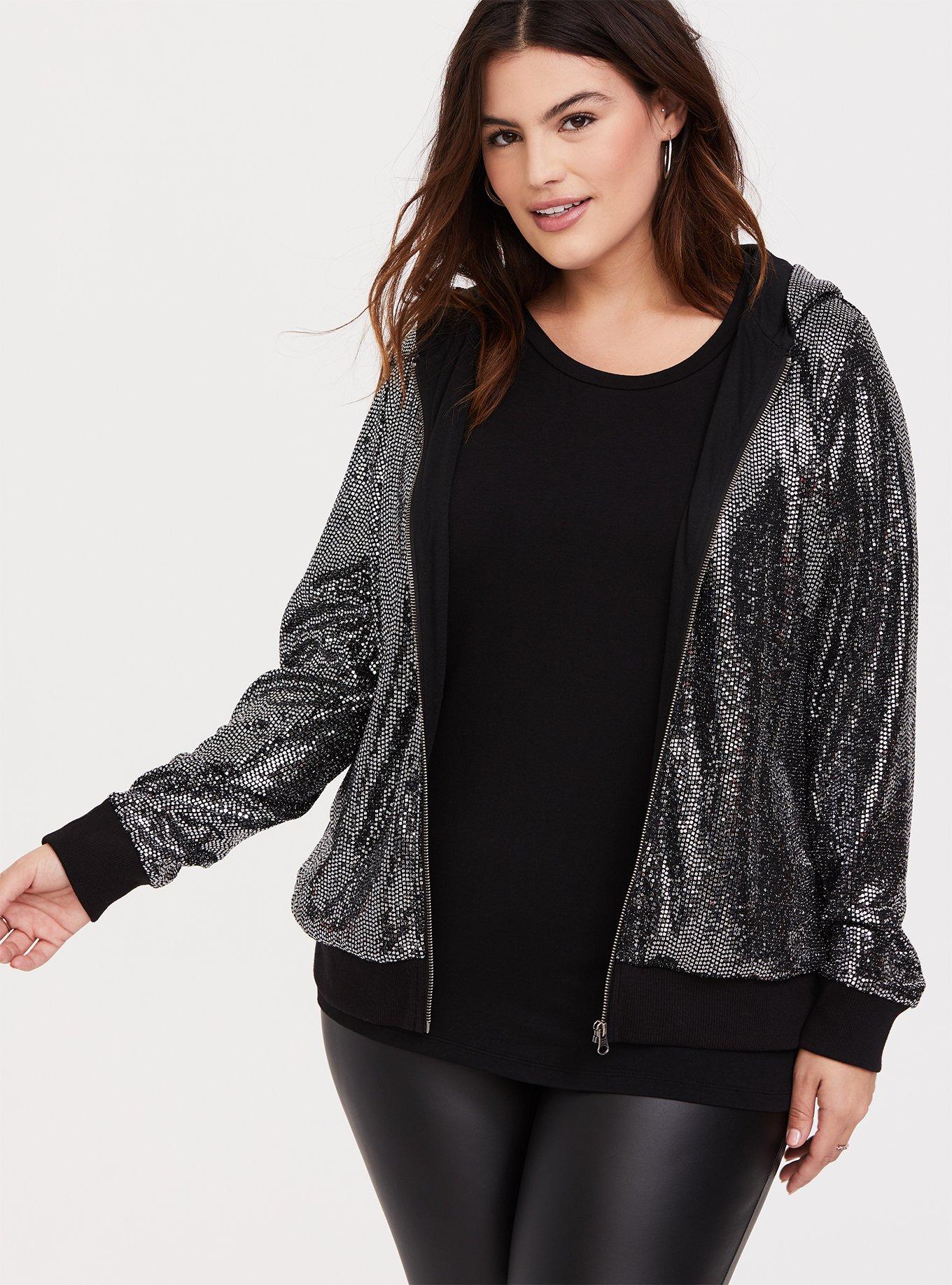 Plus Size - Black & Silver Sequin Zip Hoodie - Torrid