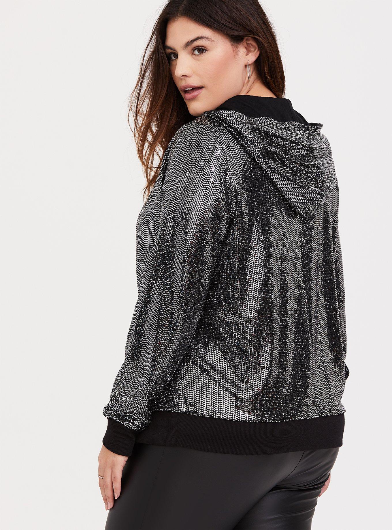 Plus Size - Black & Silver Sequin Zip Hoodie - Torrid