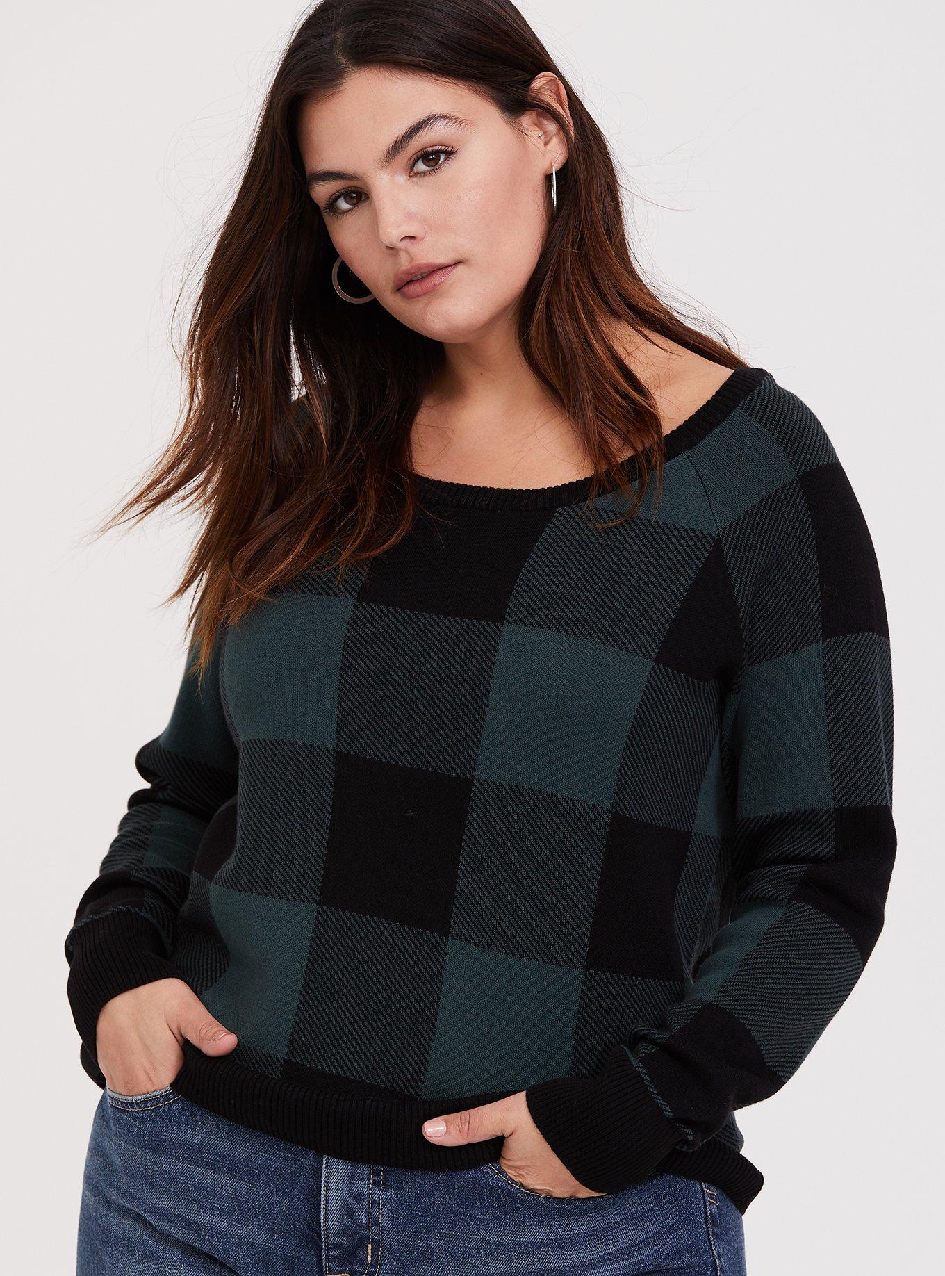 Plus Size - Green & Black Jacquard Plaid Pullover Sweater - Torrid