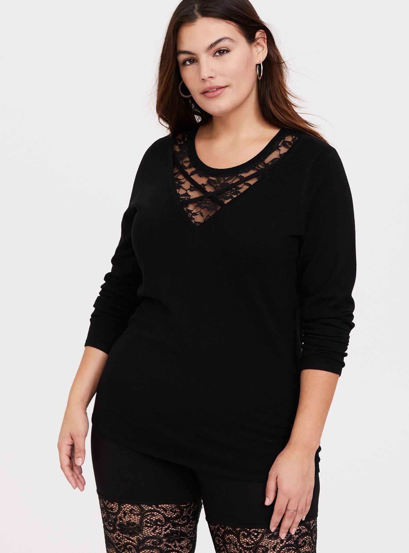 Plus Size - Black Sweater-Knit & Lace Front Crisscross Top - Torrid