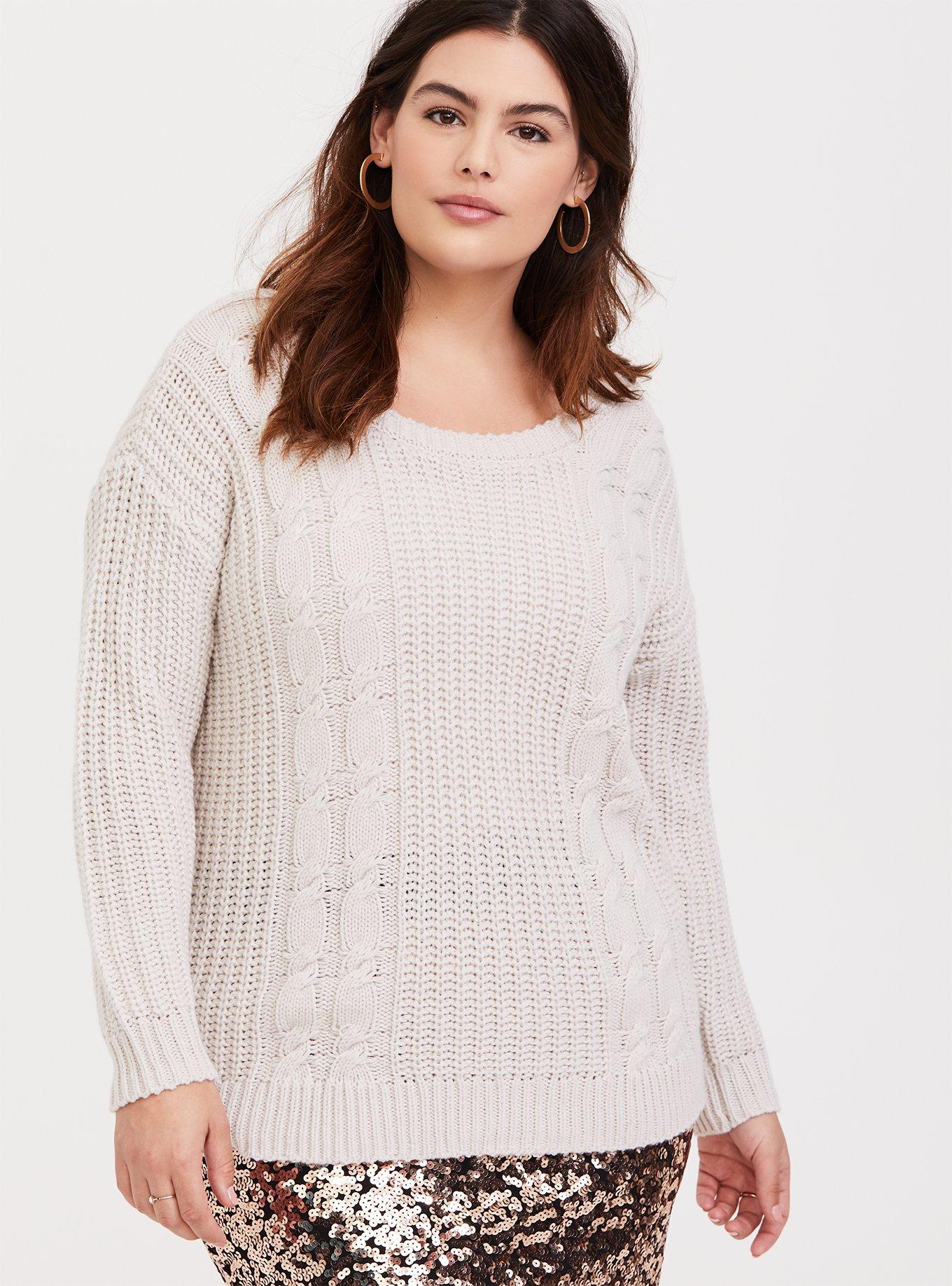 Plus Size Cable Pullover Keyhole Tie Back Sweater, IVORY, alternate