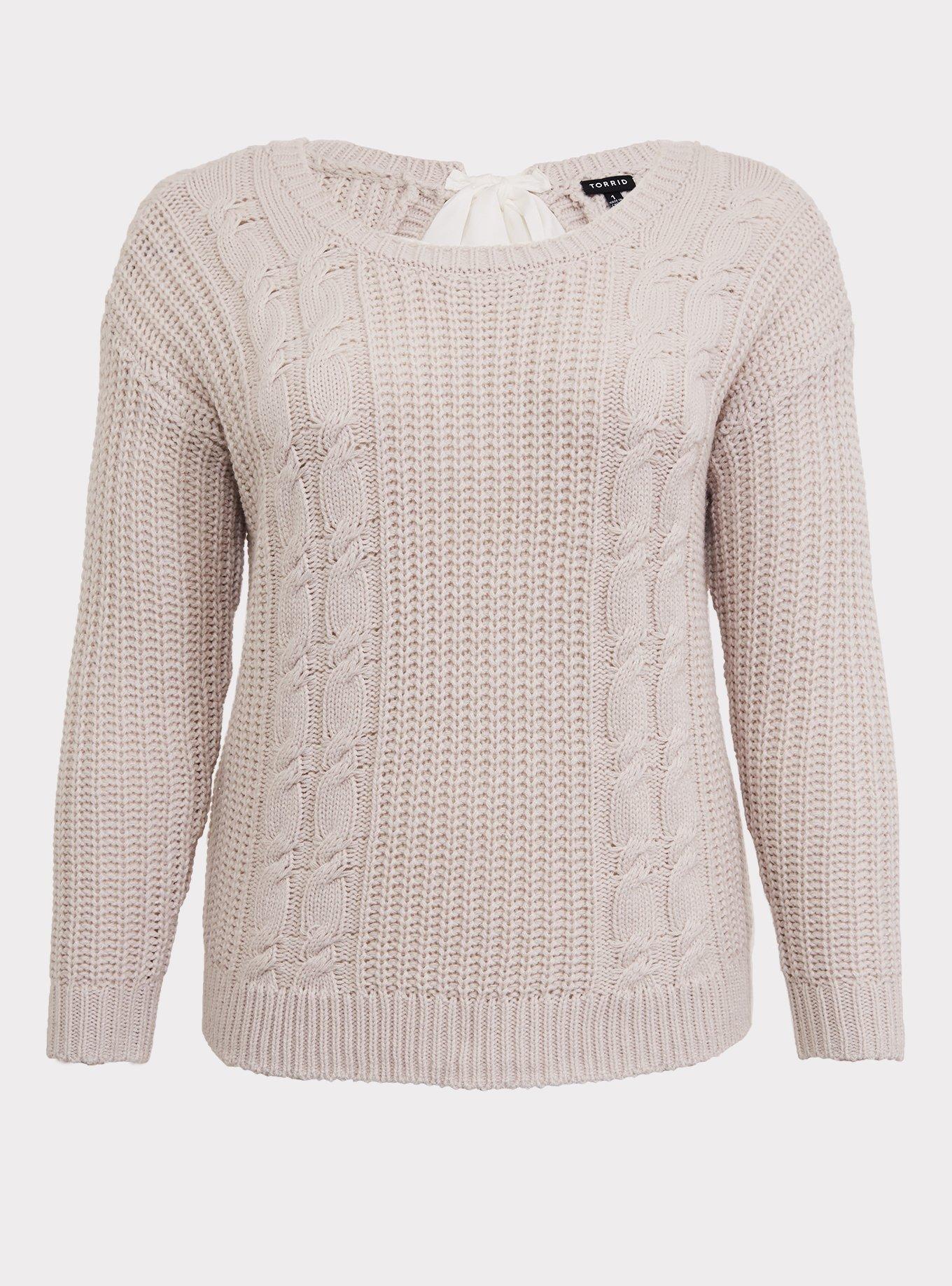Plus Size Cable Pullover Keyhole Tie Back Sweater, IVORY, hi-res