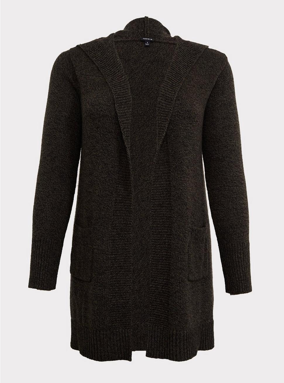 Plus Size - Olive Green Marled Woolen Hooded Cardigan Coat - Torrid