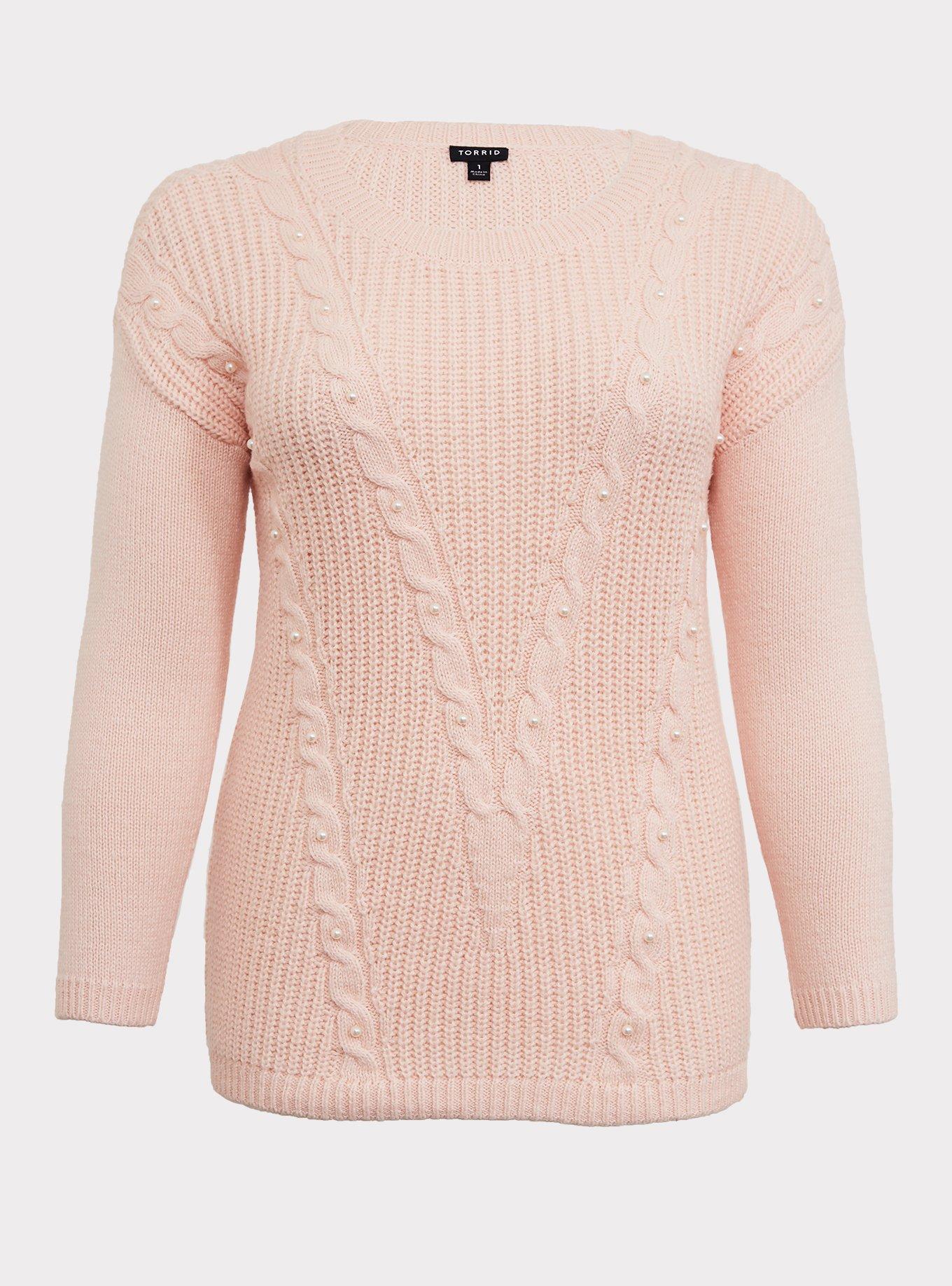 Plus Size - Blush Pink Cable Knit Faux Pearl Sweater - Torrid