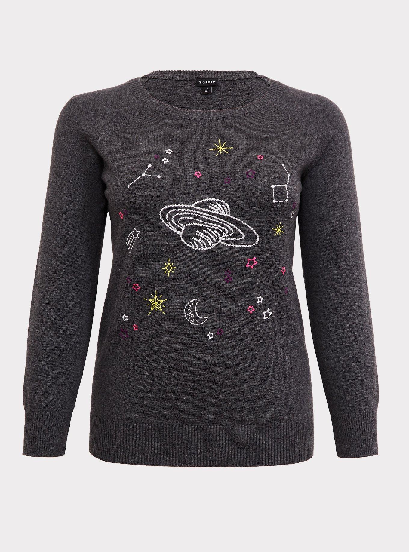 Plus Size Charcoal Grey Neon Galaxy Crew Sweatshirt, , hi-res