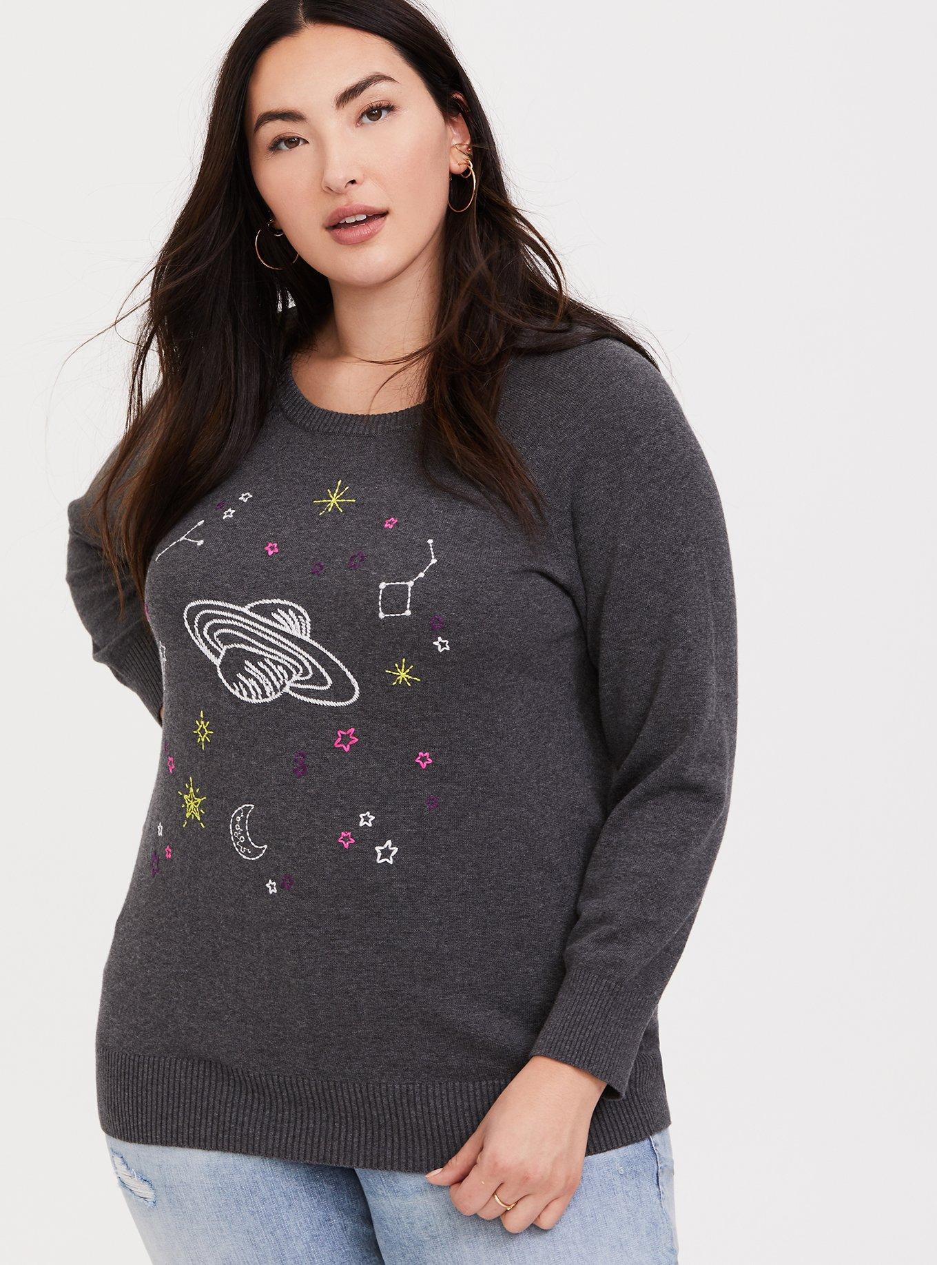 Plus Size Charcoal Grey Neon Galaxy Crew Sweatshirt, , hi-res