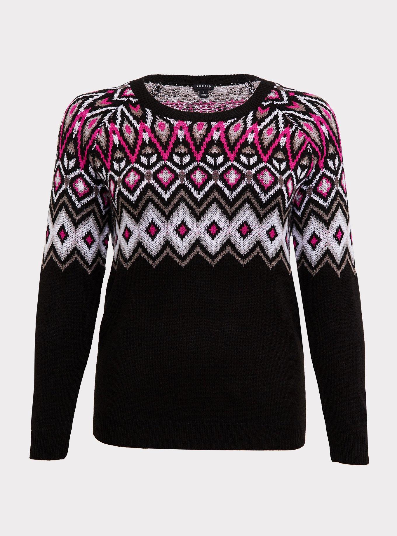 Plus Size Black & Hot Pink Fair Isle Sweater, , hi-res