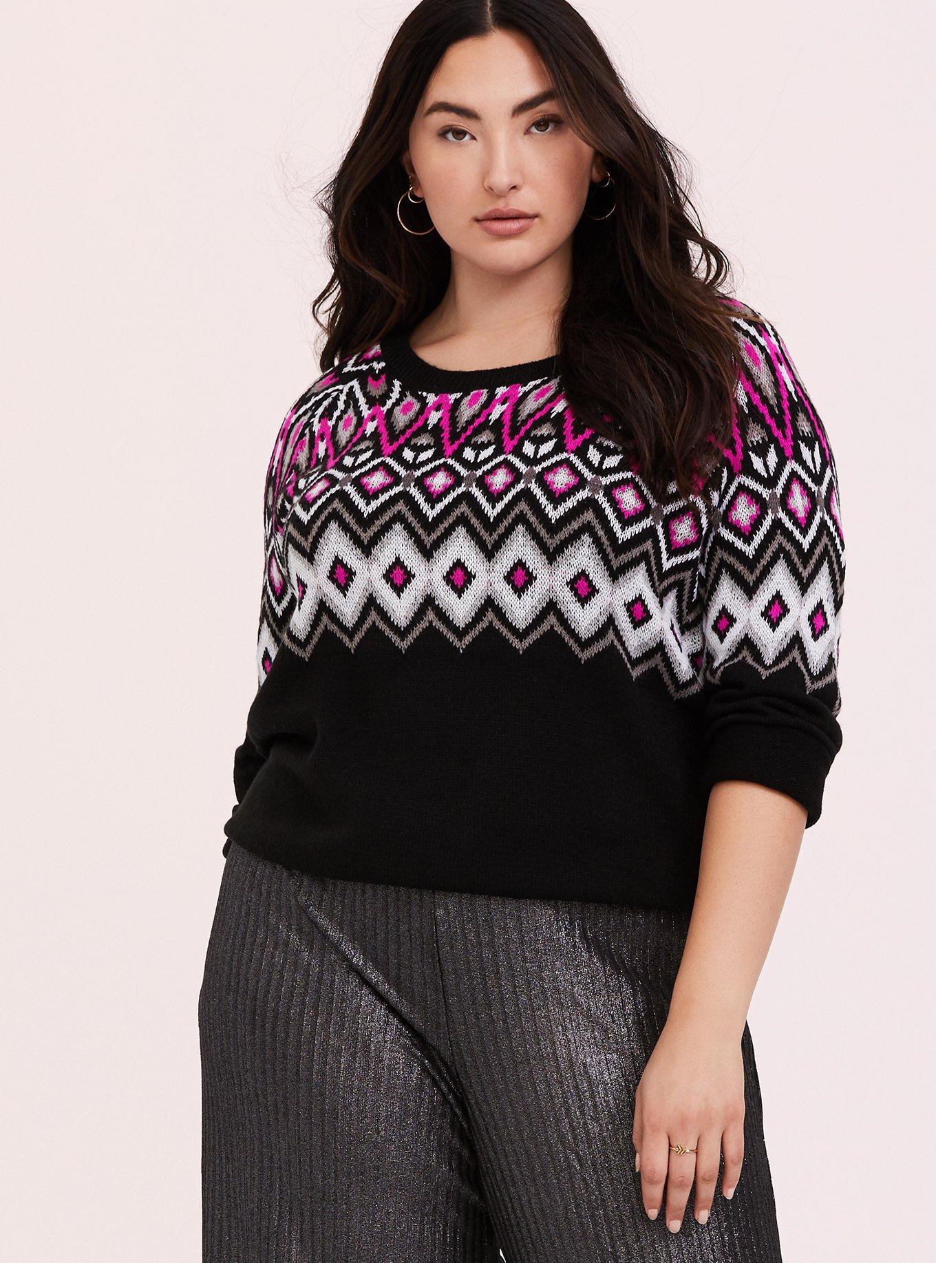Plus Size Black & Hot Pink Fair Isle Sweater, , hi-res
